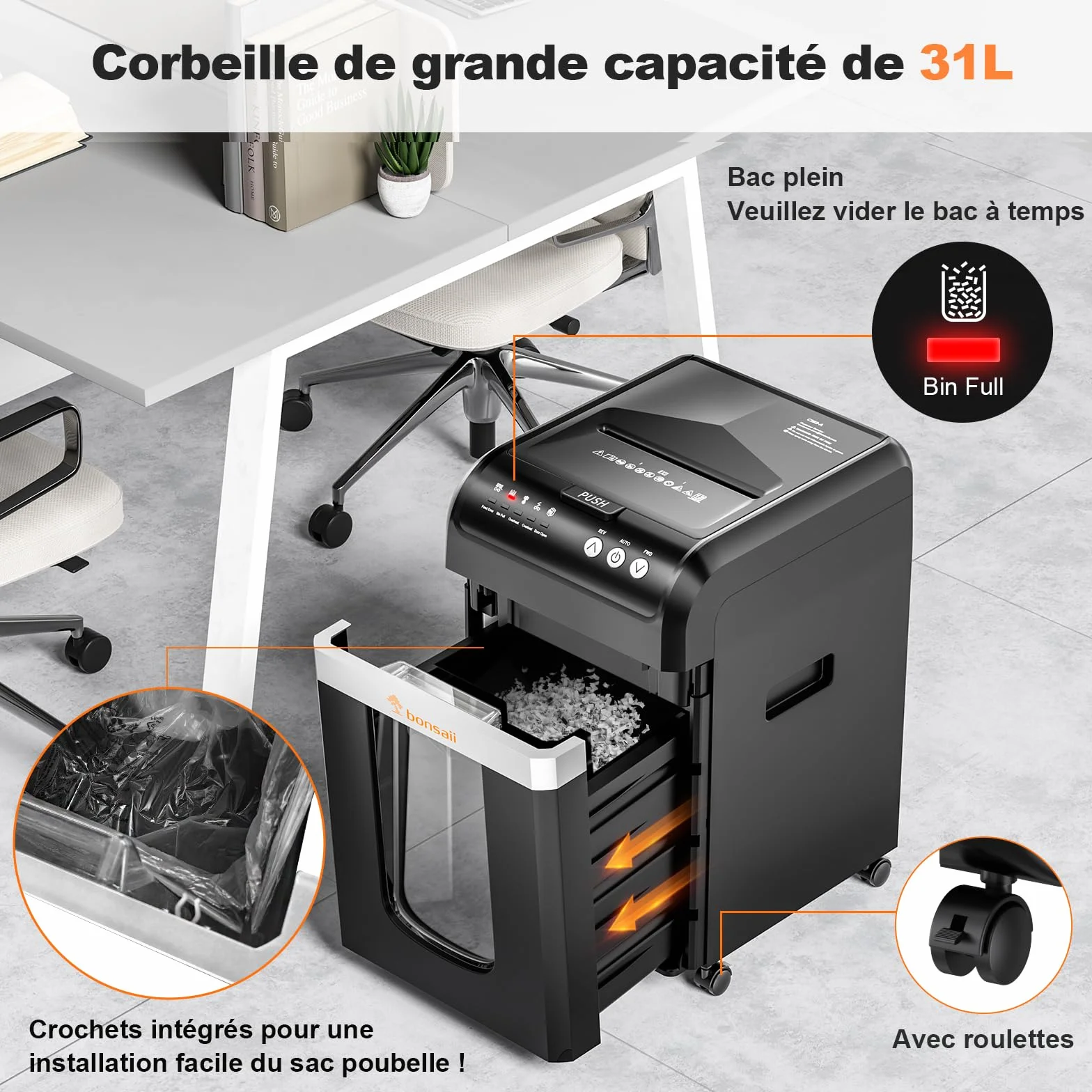 Bonsaii Destructeur de Documents Auto Feed 200 Feuilles, Micro-Coupe P-4, Bac 31L, Silencieux