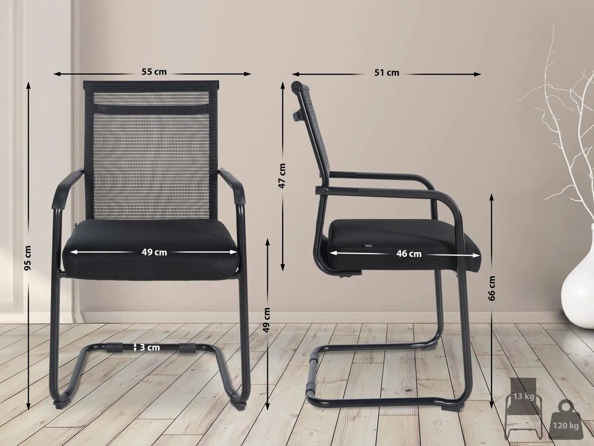 CLP Lot de 2 chaises Visiteur Denny avec Rembourrage et résille I Piétement Luge avec Structure métallique et accoudoirs, Couleur:Noir
