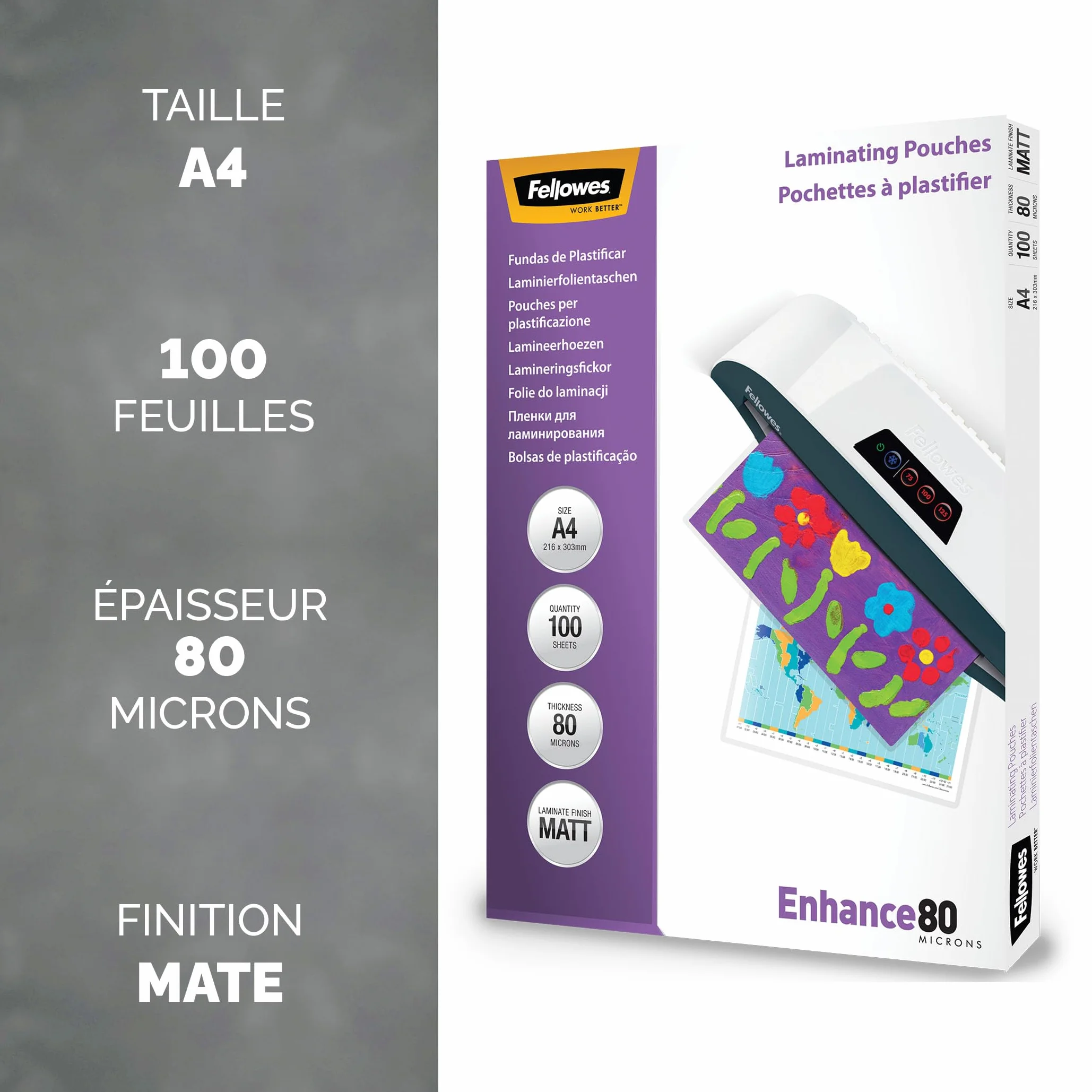 Fellowes Pochettes de Plastification A4 80 Microns Pack de 100 Feuilles Finition Mate