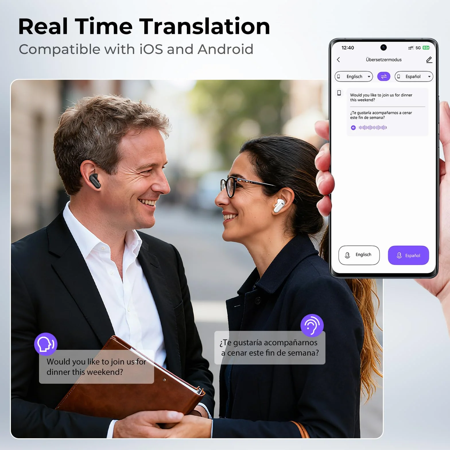 Traducteur Écouteur NE20 OWS Sans Fil 134 Langues IA Bluetooth 5.4 Écran LED Blanc