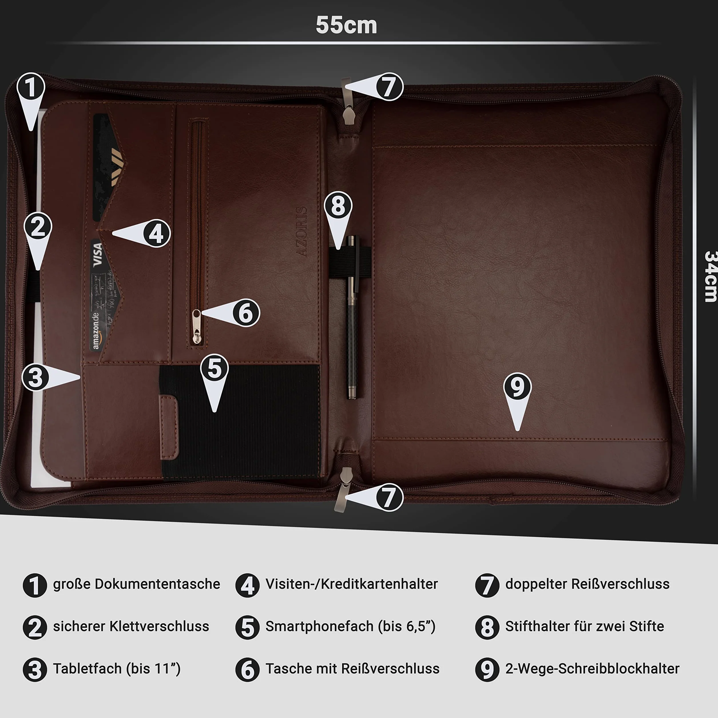 Classeur A4 Premium cuir synthétique double fermeture éclair compartiment 13 pouces tablette iPad professionnel conférence