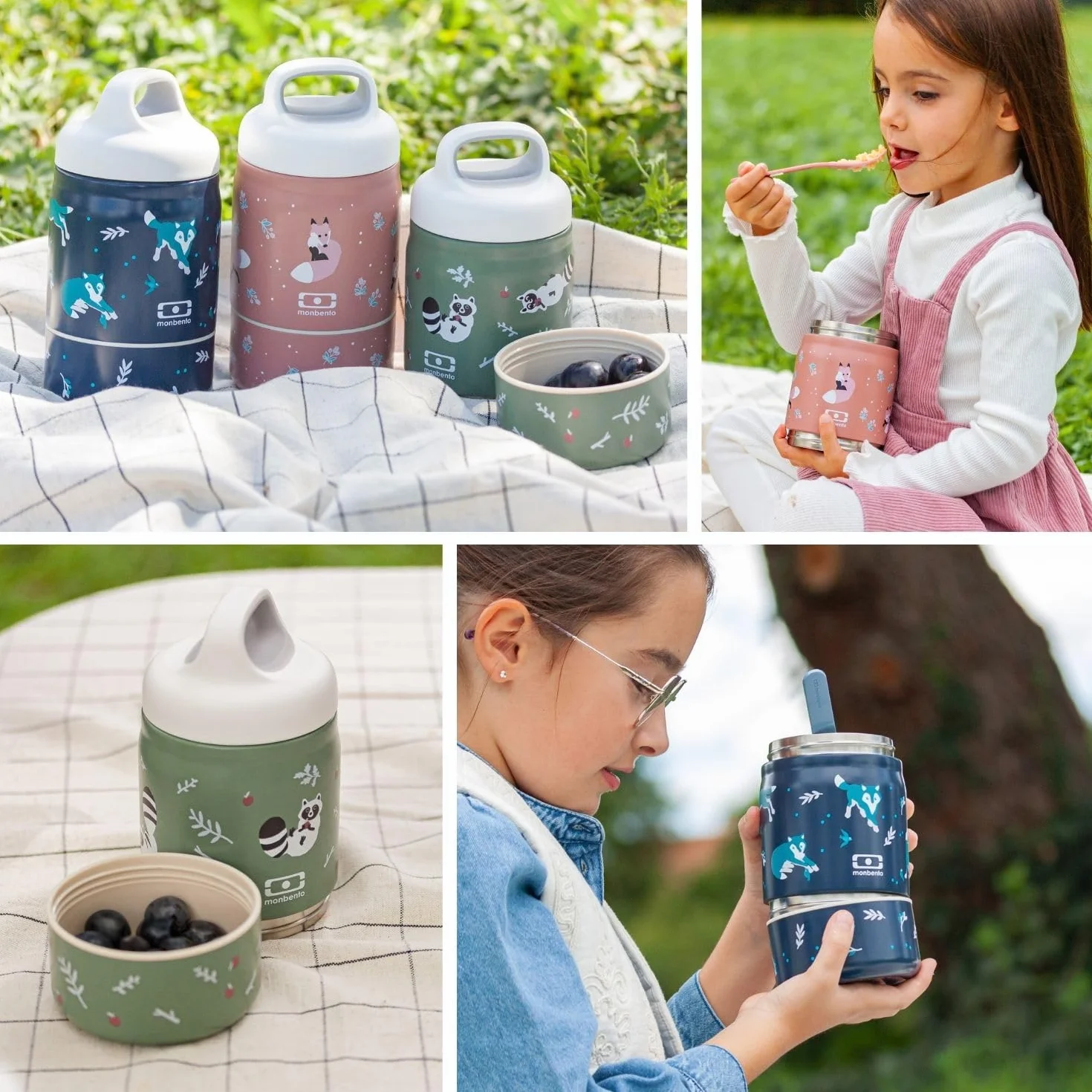 Monbento Lunch Box Enfant Isotherme Handy Vert Raccoon 500 ml 2 Étages Bento Inox 2-en-1 Garde au Chaud & Froid Sans BPA