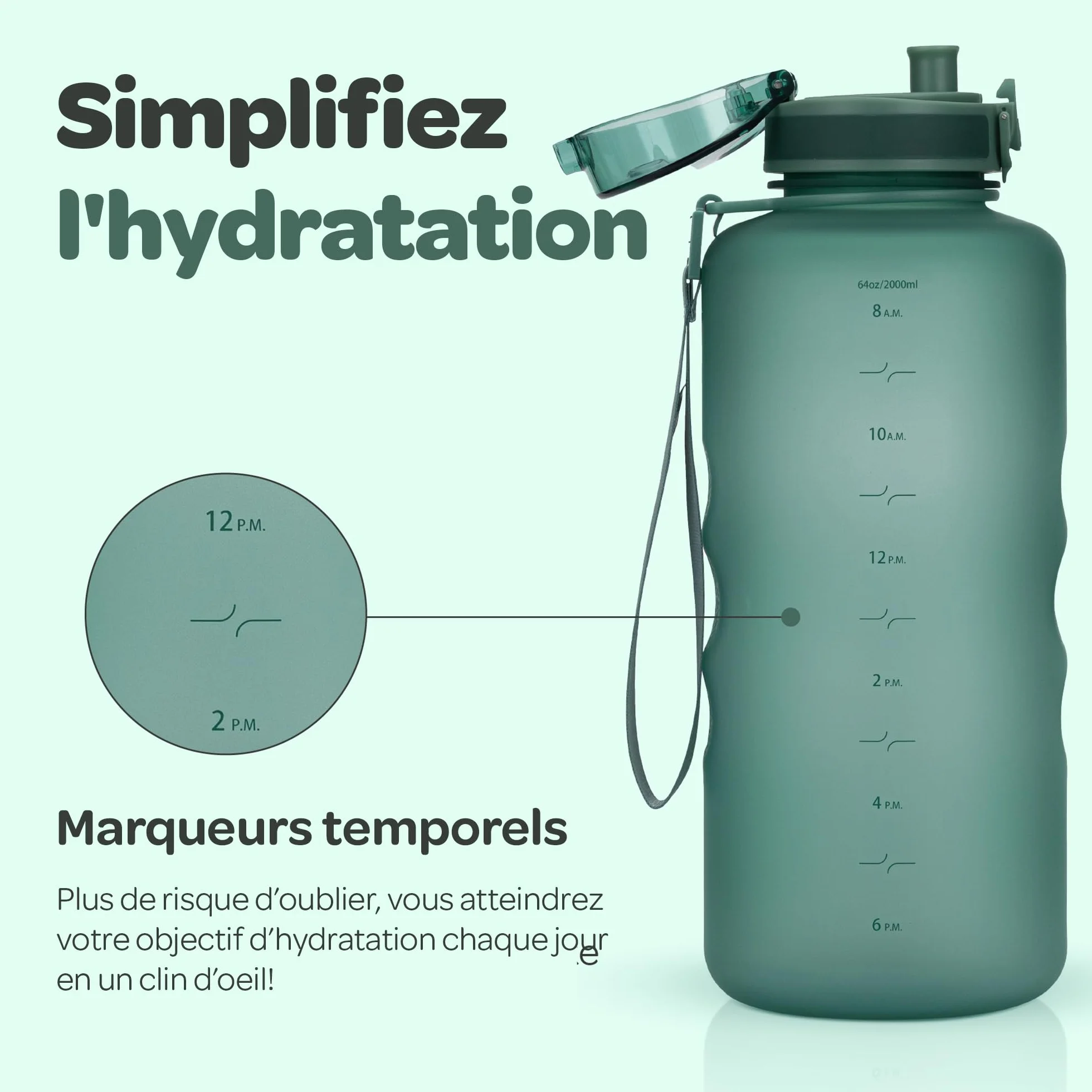 Hydracy Bouteille d'Eau 2L sans BPA avec Marqueur de Temps, Infuseur, Verrouillage Sécurisé, Housse Néoprène, Étanche, Anti-Fuite, Réutilisable, Légère