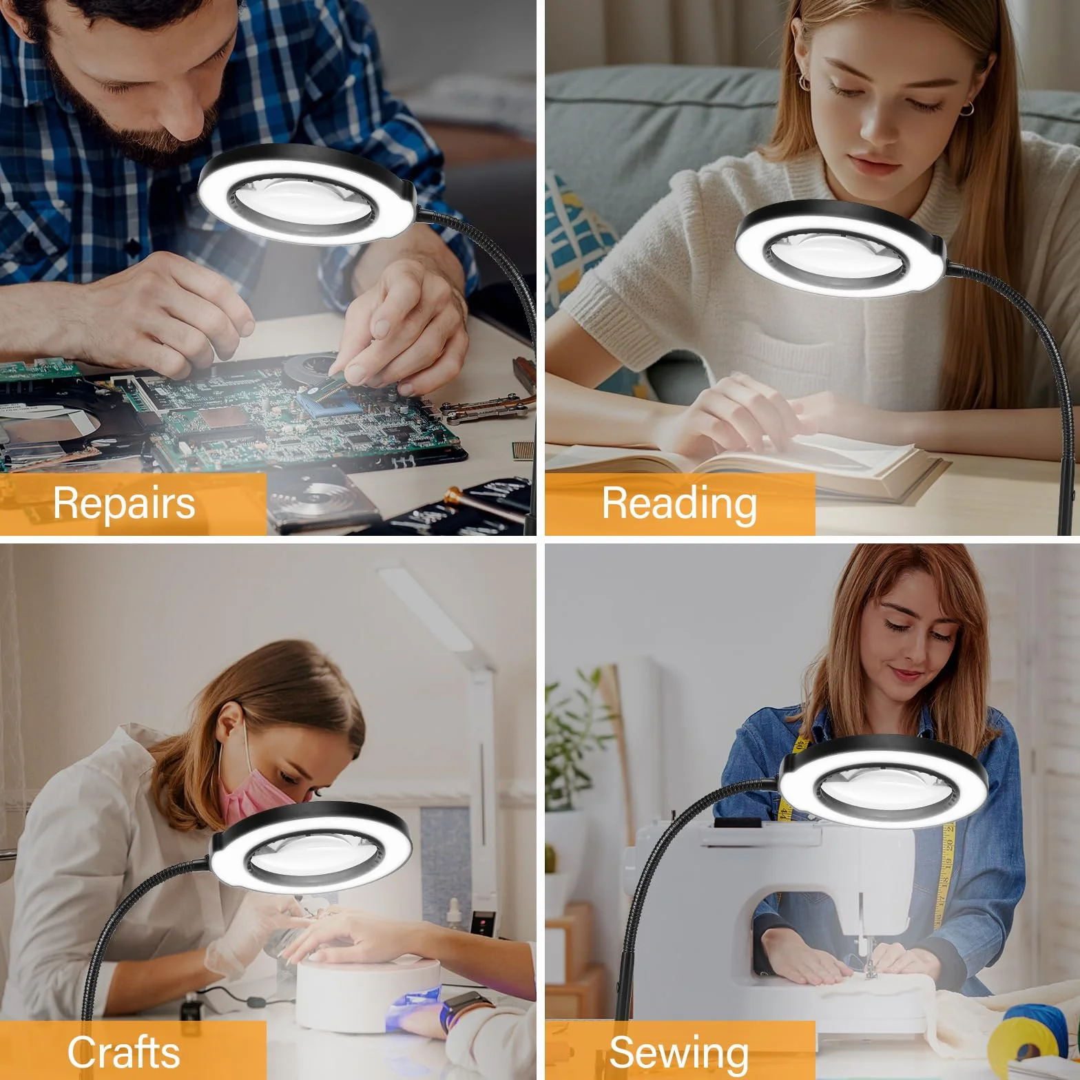 Lampe Loupe sur Pied 10X, 5 Modes de Couleur, Loupe Éclairée à Intensité Variable avec Support