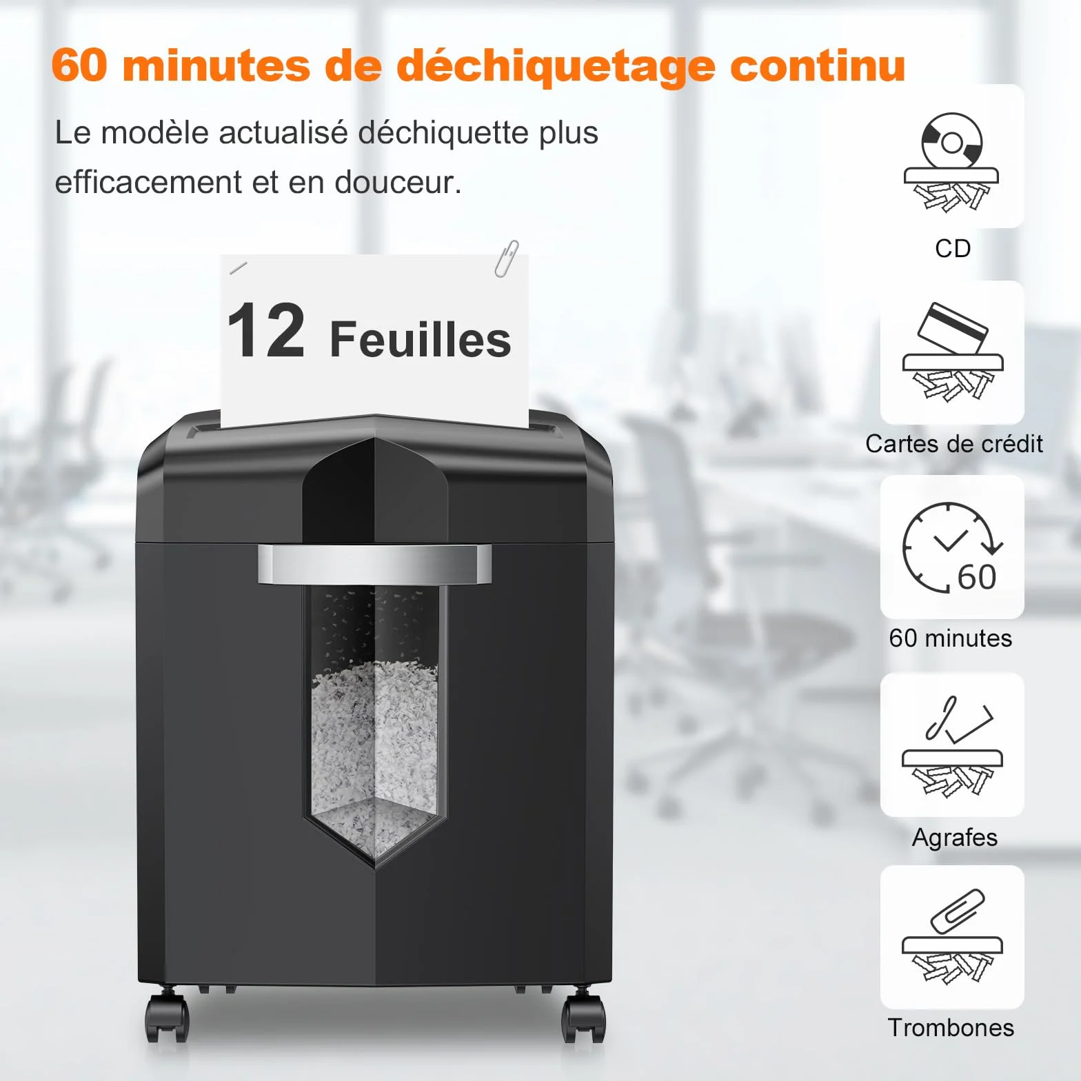 Bonsaii Destructeur de Documents 12 Feuilles Micro-Cut 60 Minutes 16 Litres C266-B