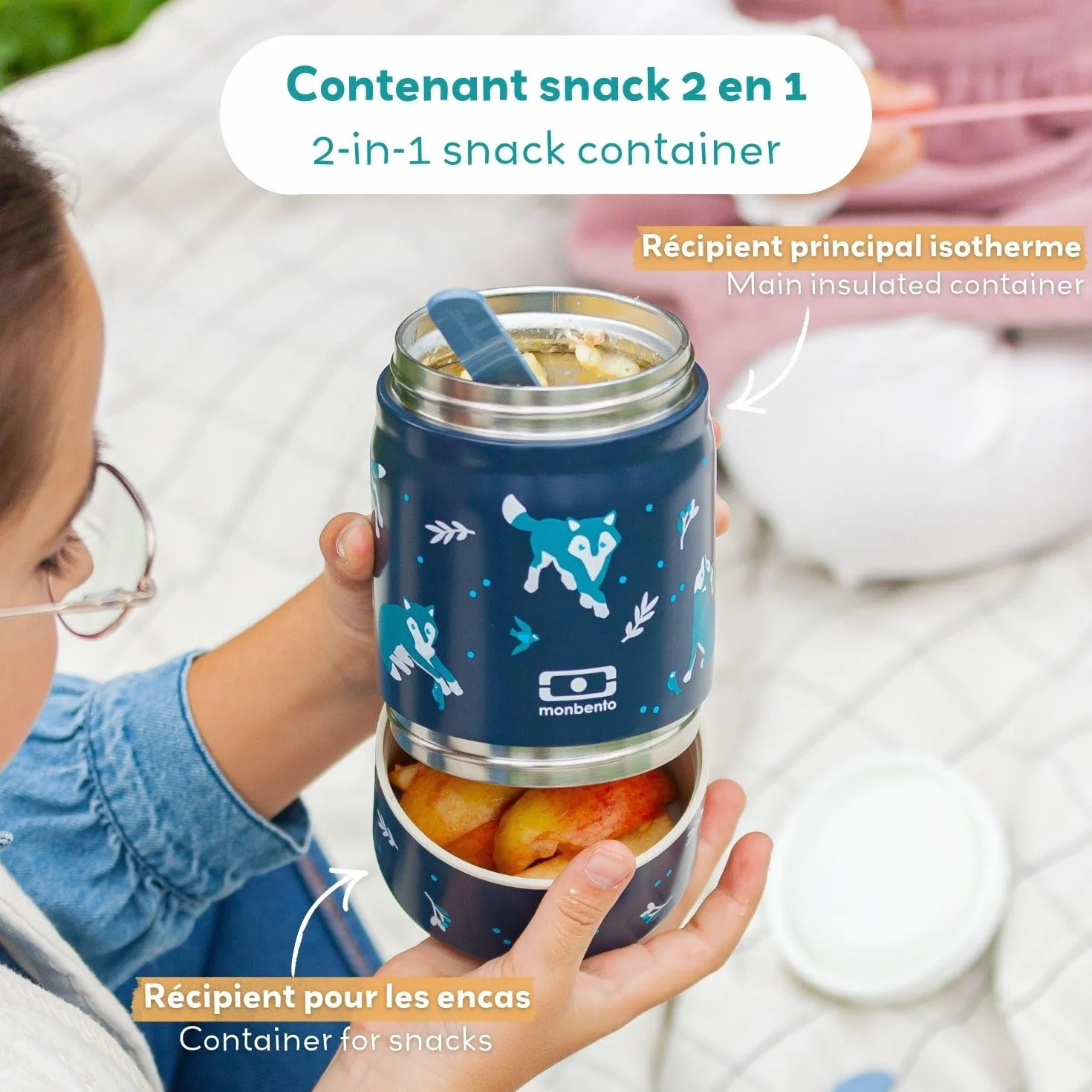 Monbento Lunch Box Enfant Isotherme Handy Vert Raccoon 500 ml 2 Étages Bento Inox 2-en-1 Garde au Chaud & Froid Sans BPA