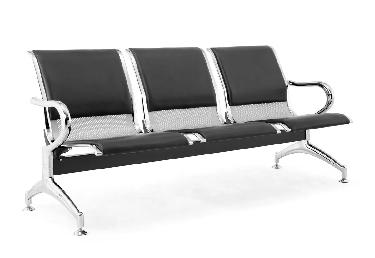 Banc 3 places acier 183x71x78H argenté pour salle d'attente | Avec coussin pour siège et dossier NOIR | Banc avec accoudoirs