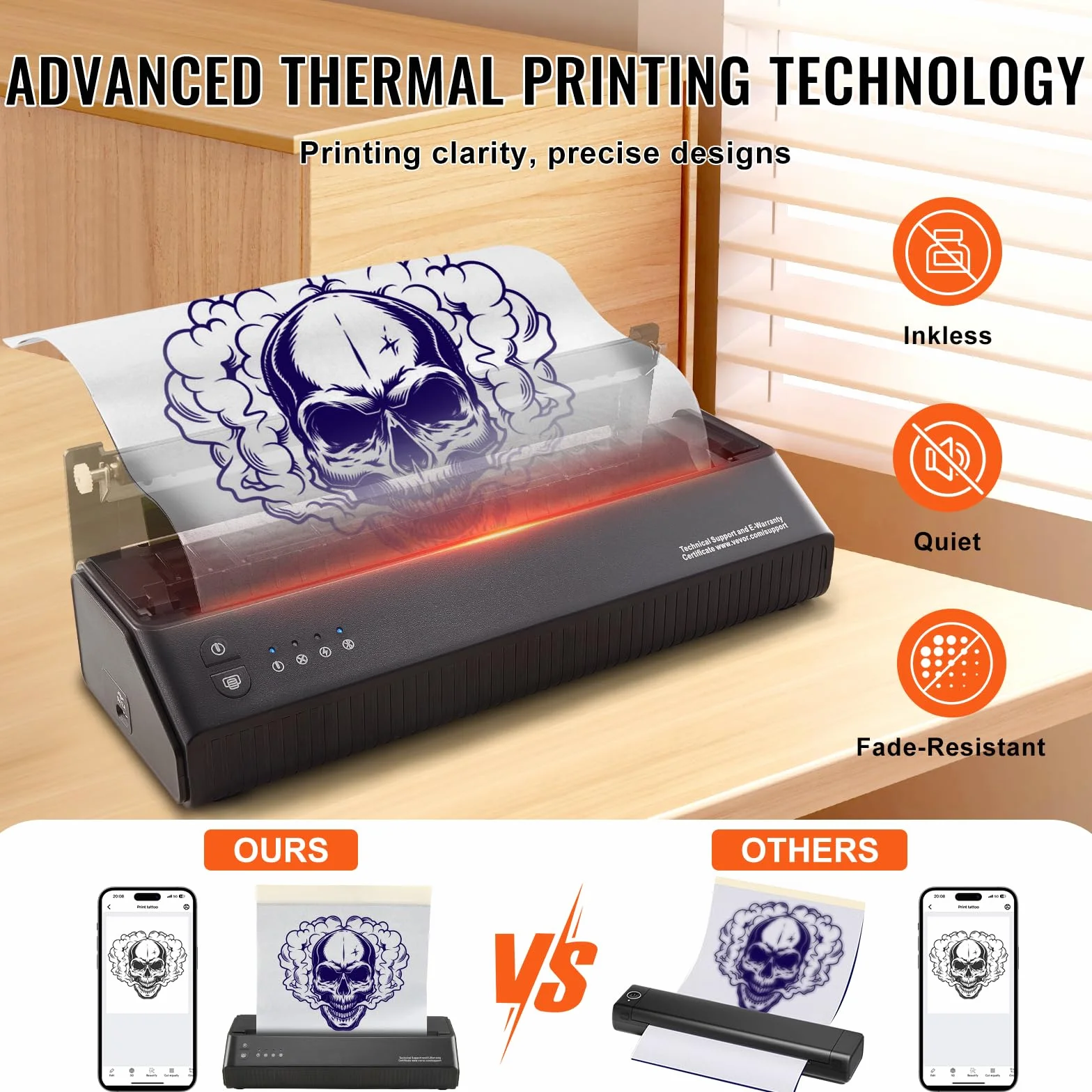 VEVOR Thermocopieur Tatouage sans Fil Bluetooth, Imprimante Tatouage avec 10 Papiers, Machine Transfert Tatouage iOS Android iPad PC