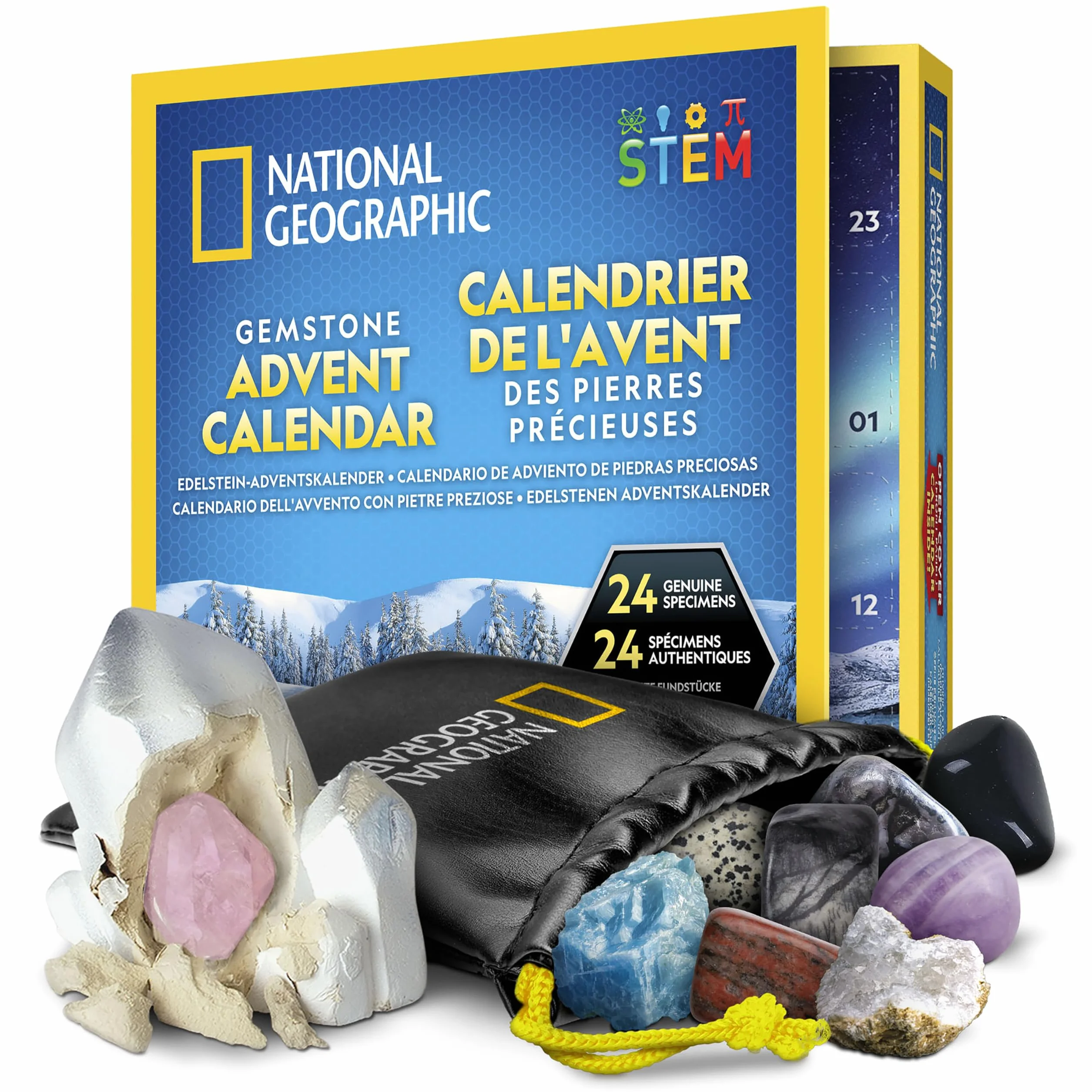 NATIONAL GEOGRAPHIC Calendrier de l'Avent Gemmes 2025 - 24 Gemmes à Découvrir, Collection de Roches Complète avec Mini Kit de Fouille