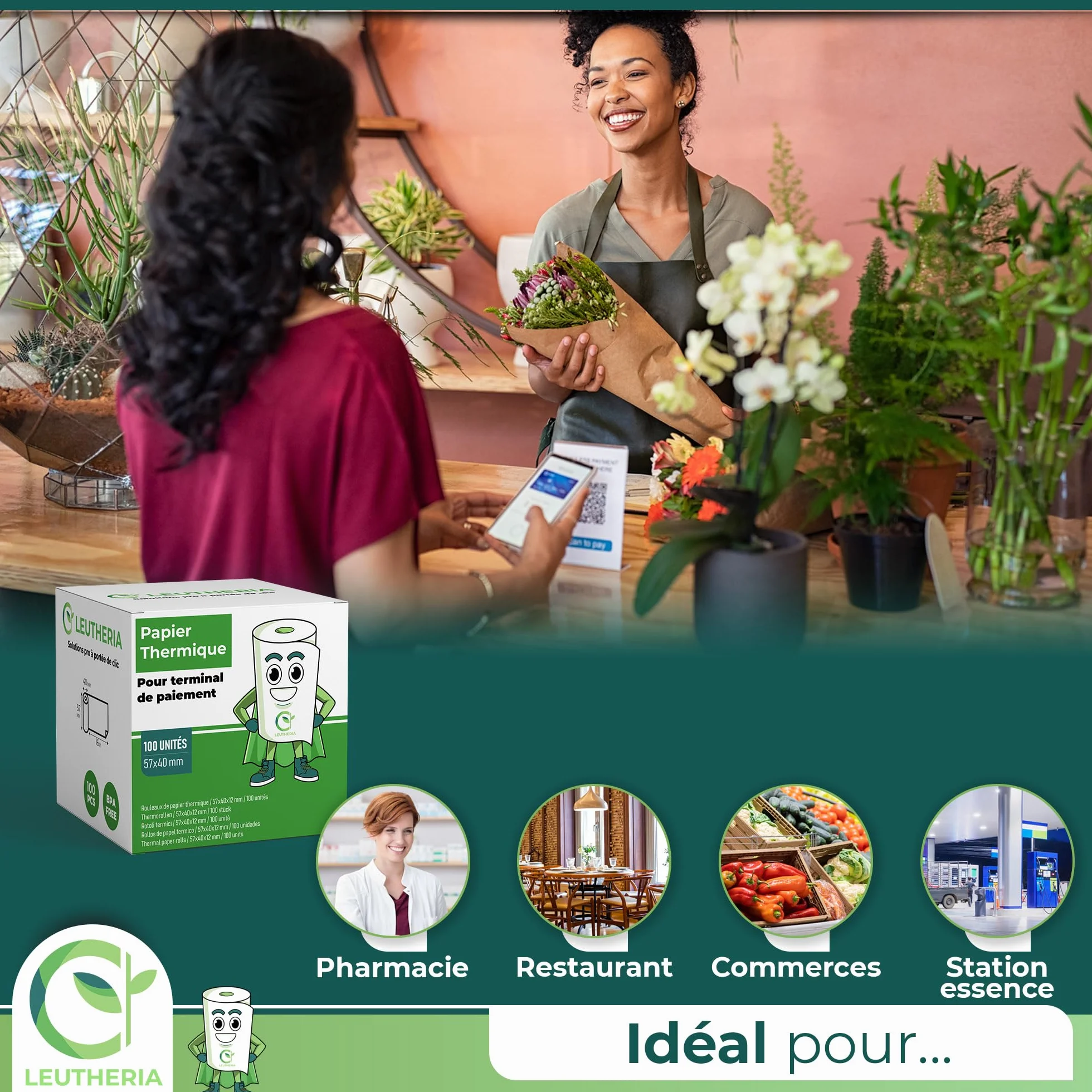 Bobine de papier thermique 57x40x12mm 15M sans BPA pour carte bleue ticket de caisse