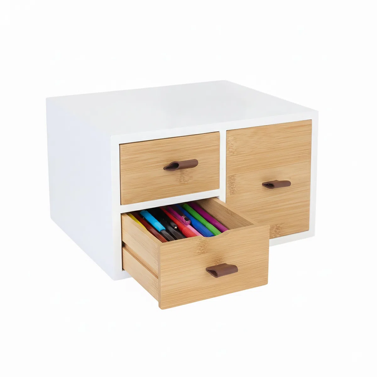 Boîte à tiroirs Relaxdays en Bambou et MDF, 3 tiroirs, H x L x P : 15 x 25 x 20 cm, Organiseur de Bureau, Blanc/Nature