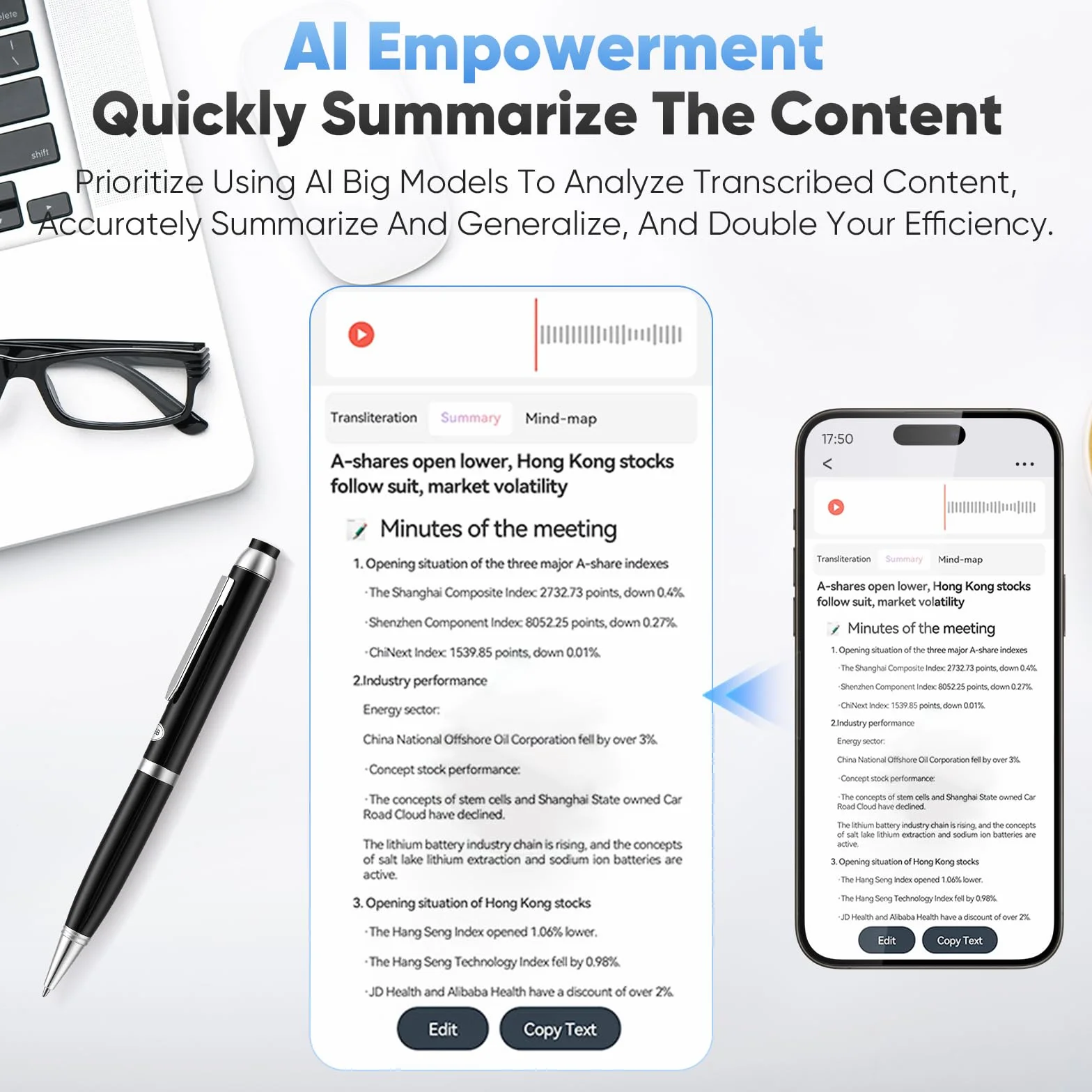 Stylo Enregistreur Vocal IA avec Transcription et Traduction en Temps Réel, Micro 360°, 64 Go + Cloud, 10h Autonomie