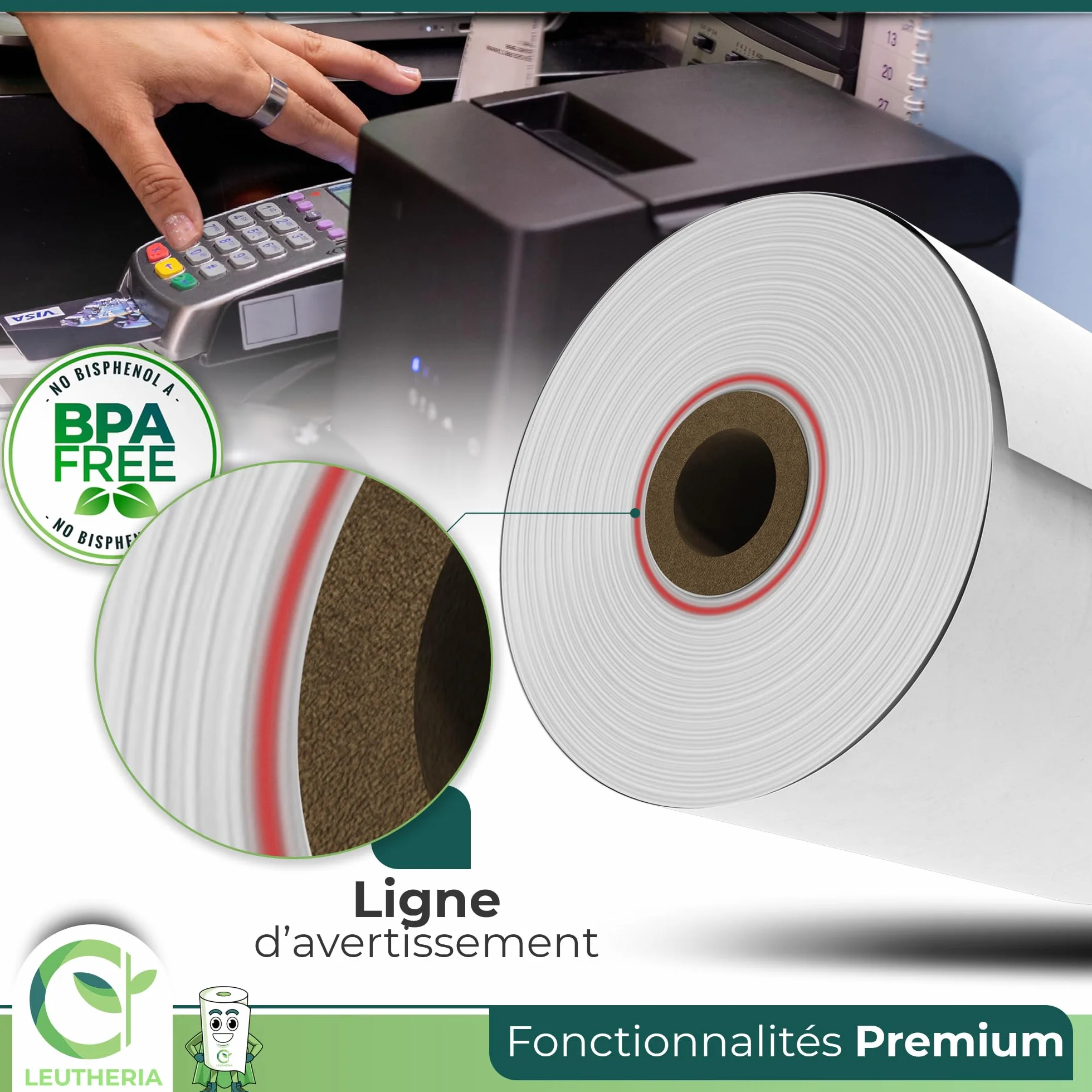 Bobine de papier thermique 57x40x12mm 15M sans BPA pour carte bleue ticket de caisse