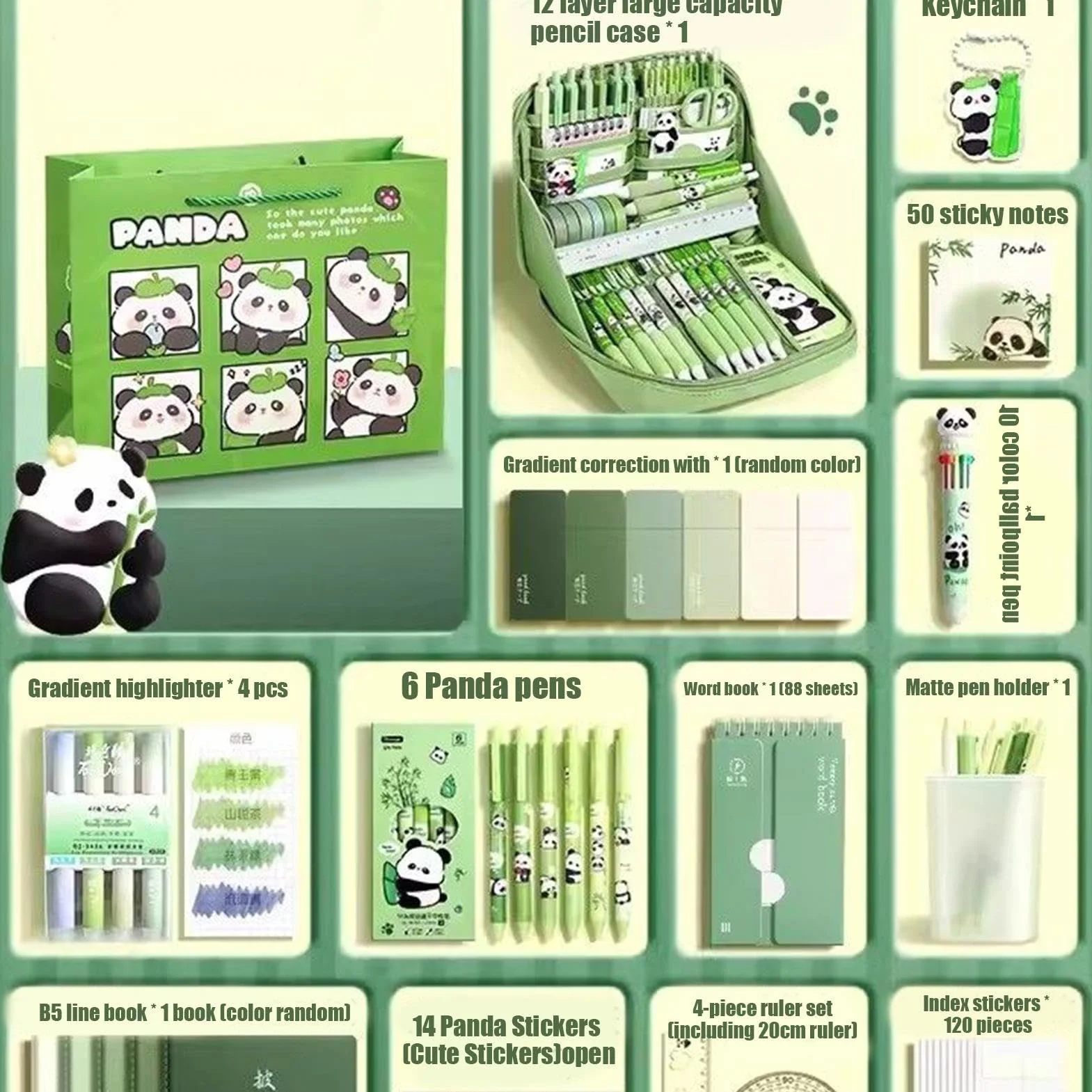 Ensemble de fournitures scolaires panda, kit papeterie avec carnet, trousse, règle, stylos et autocollants
