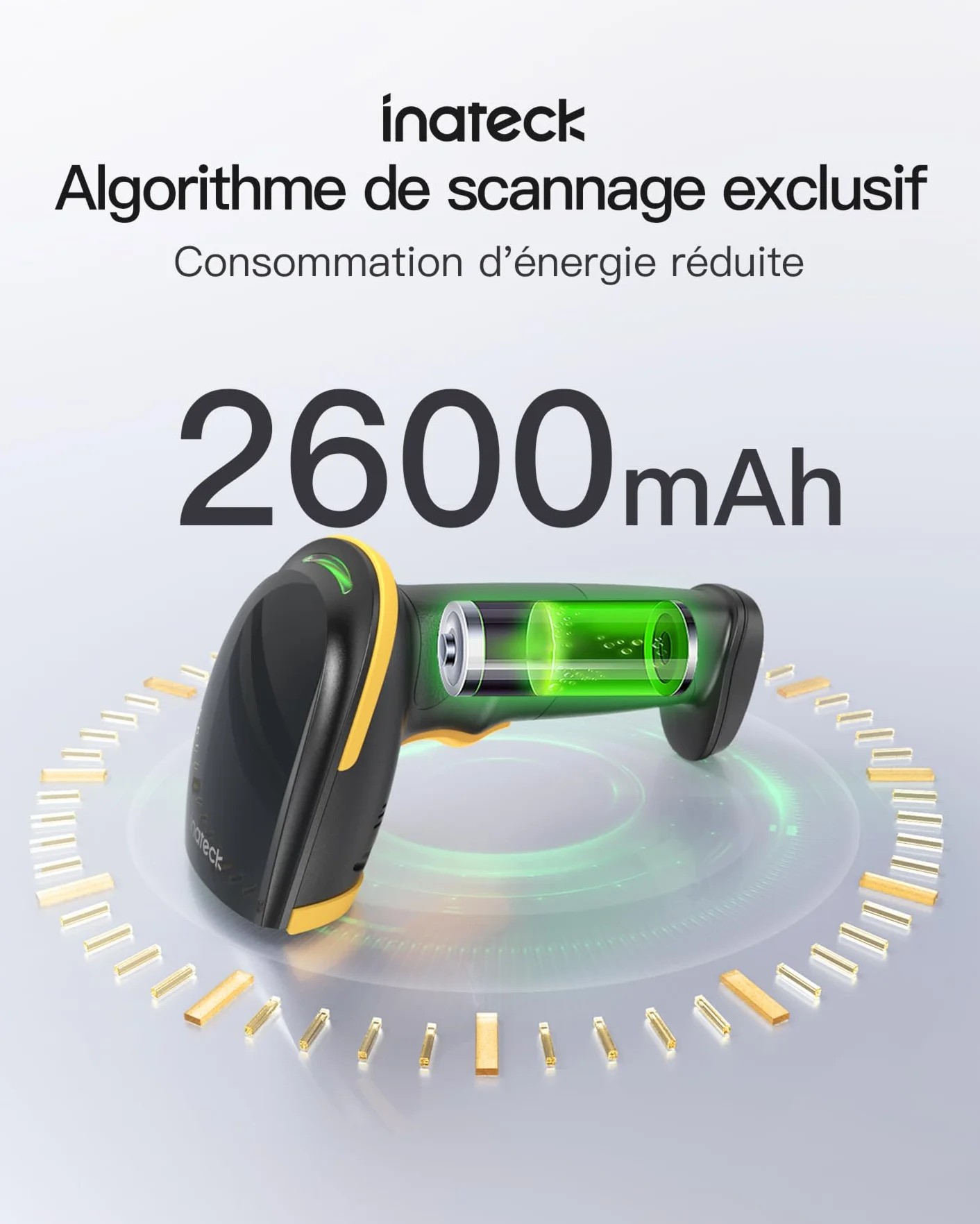 Inateck Lecteur Code Barre sans Fil 1D 2D QR, Douchette 3 en 1 Bluetooth 2,4 GHz USB, 2600 mAh, BCST-23
