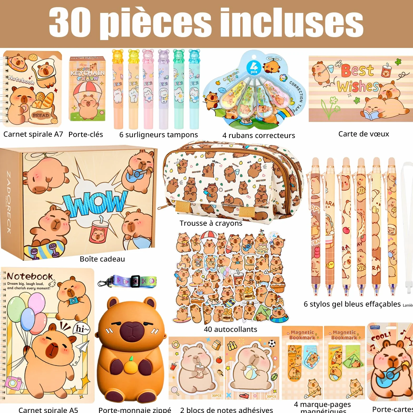 Capybara Ensemble Complet Fournitures Scolaires 30 Pièces Trousse Cadeau Fille Garçon 4-15 Ans