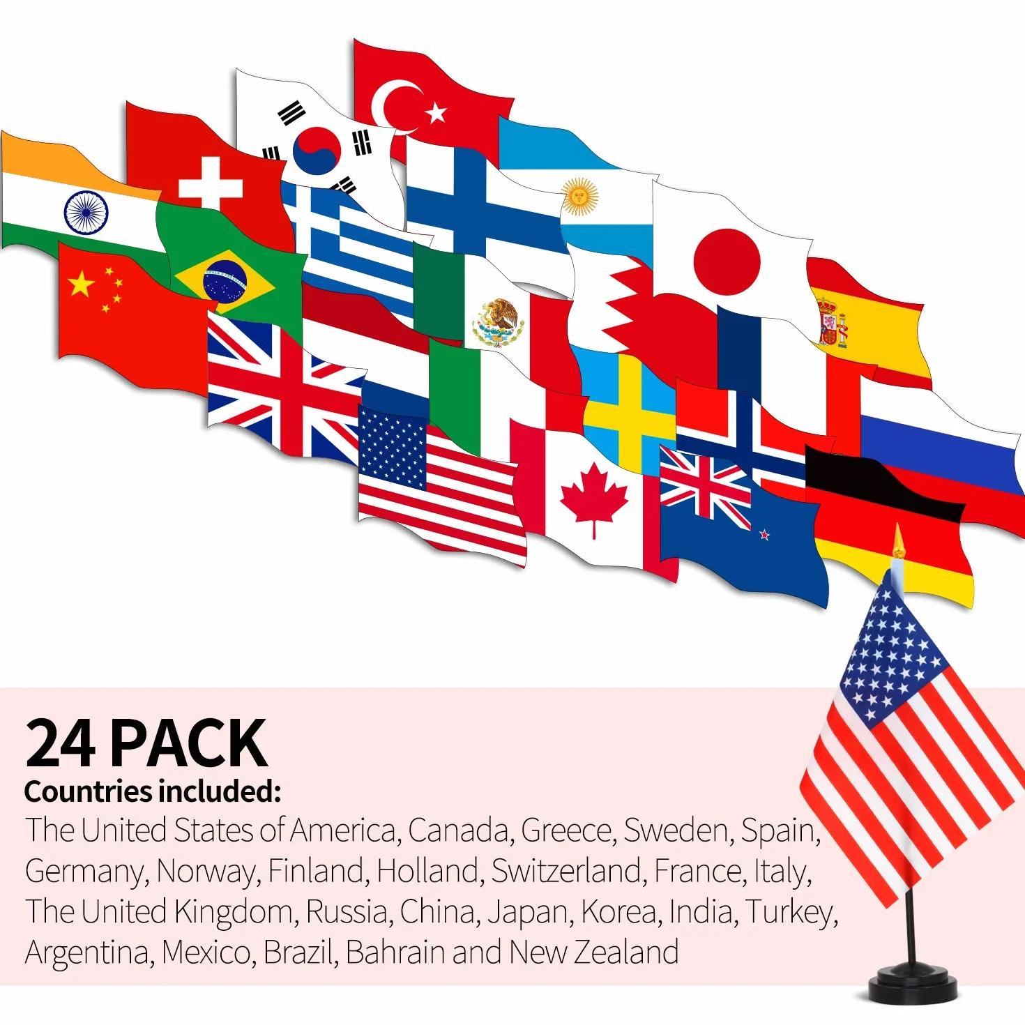 ANLEY 24 Pays Deluxe Ensemble Drapeau Bureau 7,5x5,5cm Mini Drapeau Américain Mât Noir 12,5" Couleur Vive Résistant à la Décoloration Socle Noir Haut Doré