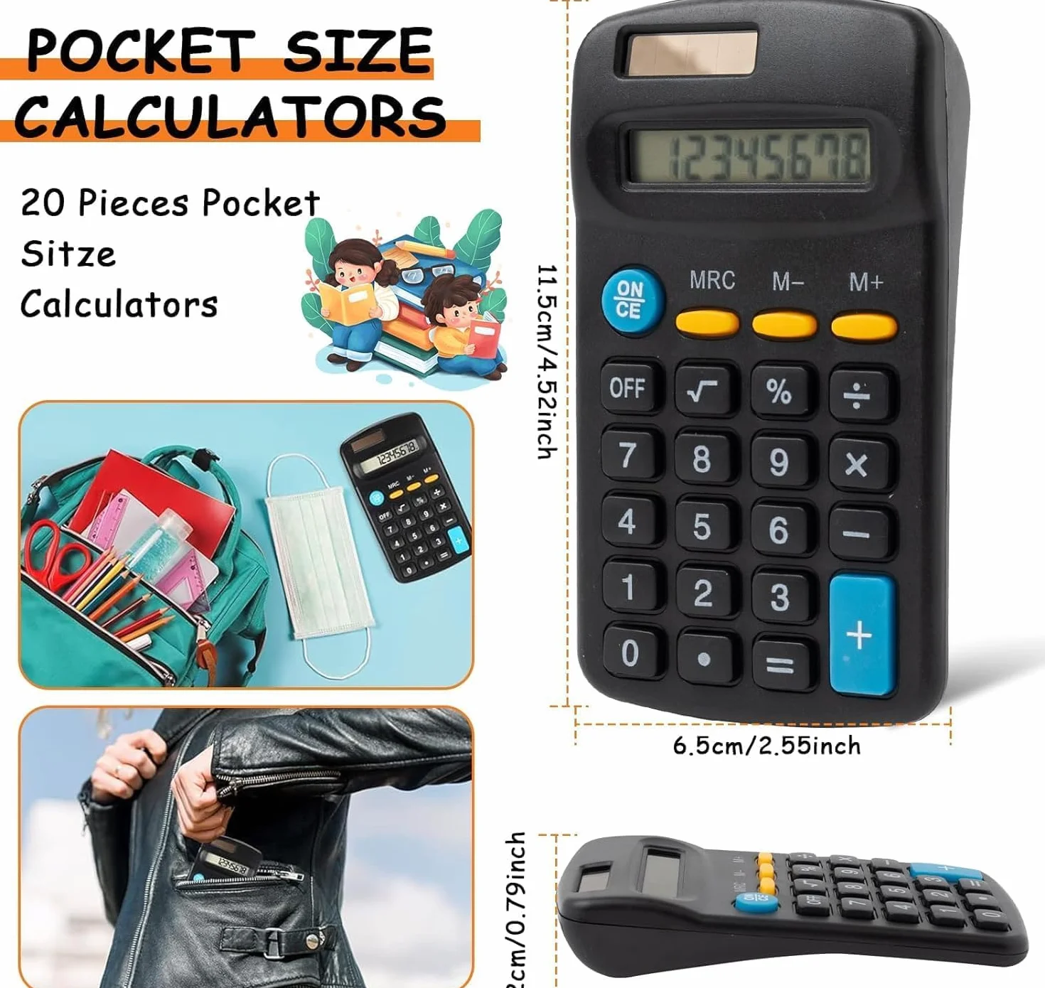 Lot de 20 Calculatrices de Poche à 4 Fonctions, Affichage 8 Chiffres, Noir pour Étudiants, École
