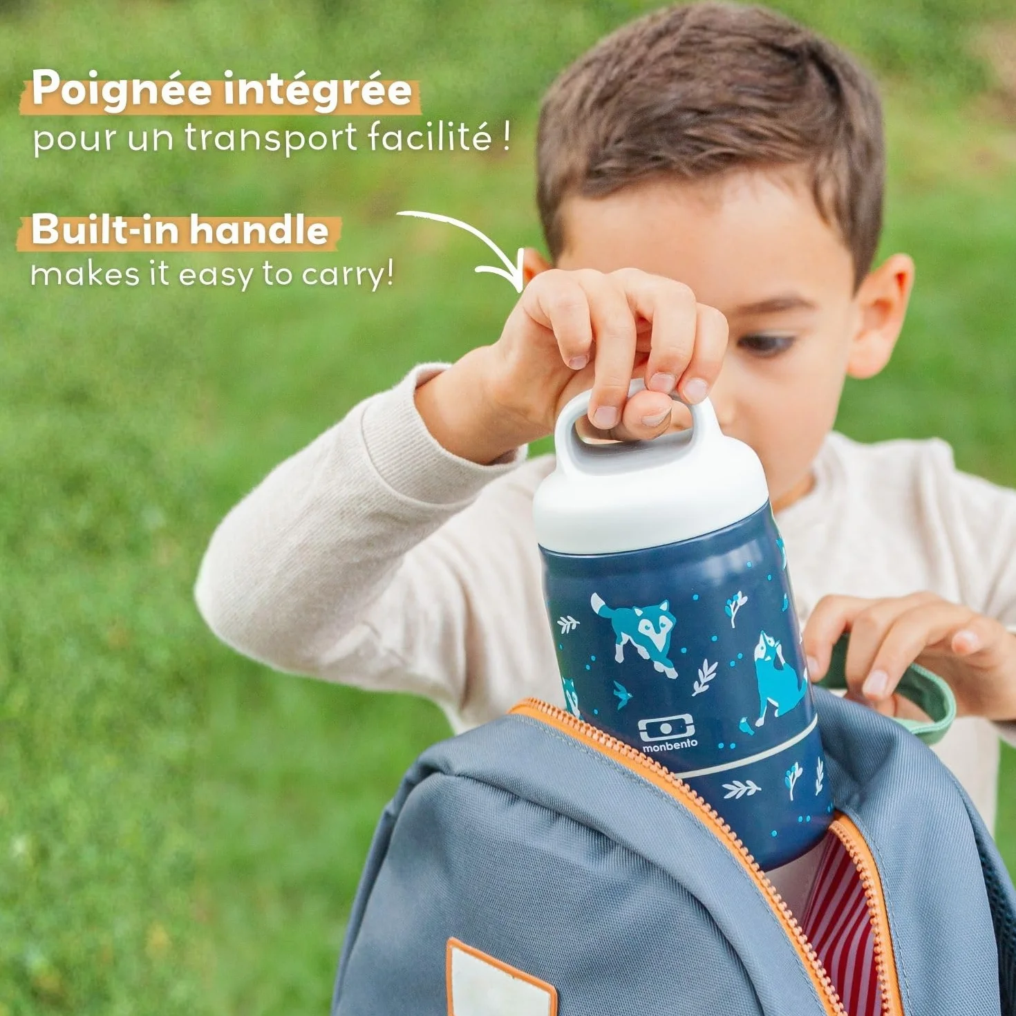 Monbento Lunch Box Enfant Isotherme Handy Vert Raccoon 500 ml 2 Étages Bento Inox 2-en-1 Garde au Chaud & Froid Sans BPA