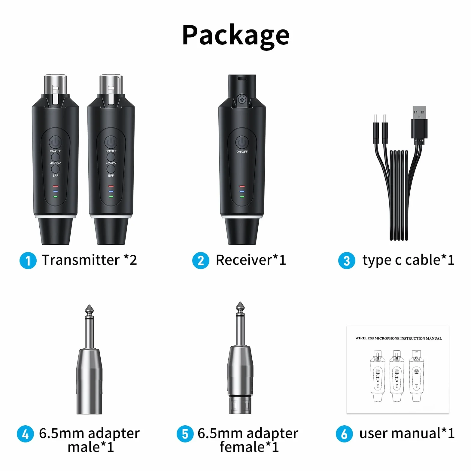 Microphone sans fil XLR 2,4 GHz émetteur récepteur 1 à 2 pour chant discours public 50-100 m