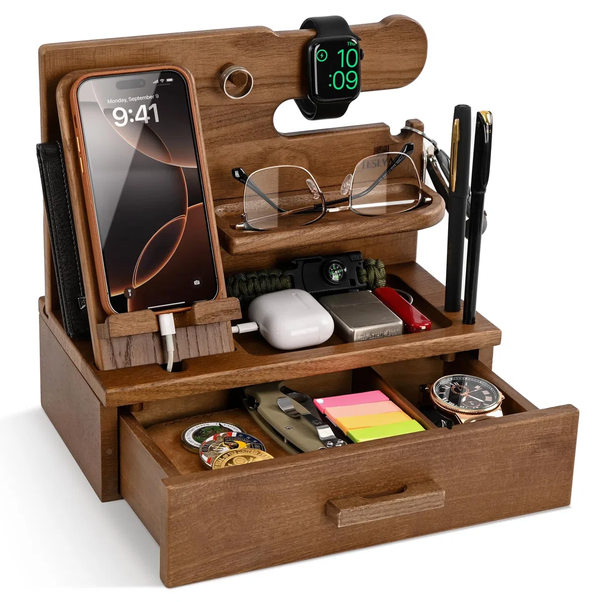 TESLYAR Station d'accueil pour téléphone en bois avec tiroir, organisateur de table de chevet, organisateur de bureau pour mari, cadeau d'anniversaire pour homme, papa, idée d'anniversaire, porte-clés