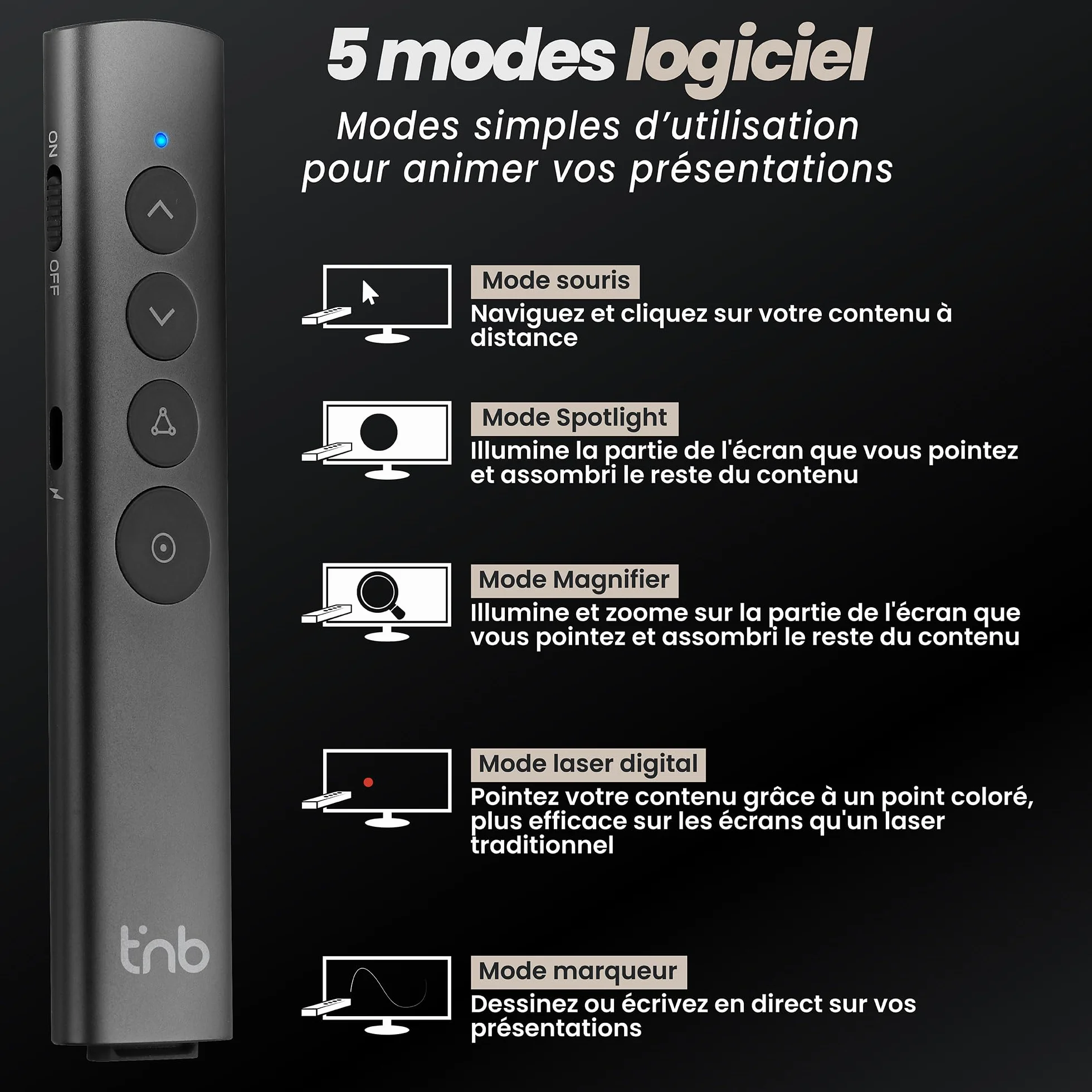 T'nB Télécommande de présentation Spotlight Rechargeable Aluminium Gris