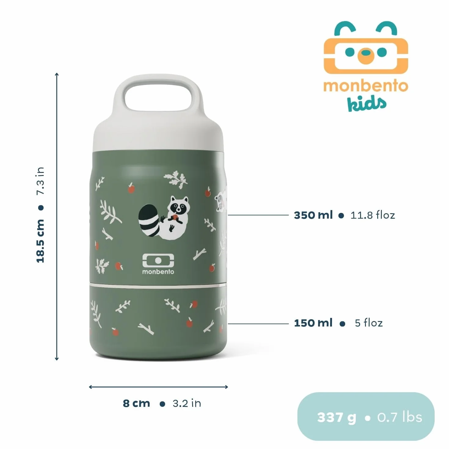Monbento Lunch Box Enfant Isotherme Handy Vert Raccoon 500 ml 2 Étages Bento Inox 2-en-1 Garde au Chaud & Froid Sans BPA