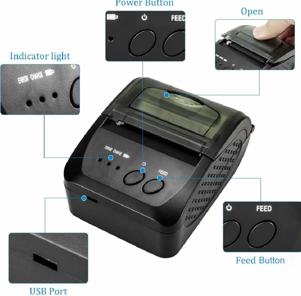 NETUM Imprimante Thermique sans Fil Bluetooth 58 mm Portable POS USB pour Factures Restaurants Android PC Windows