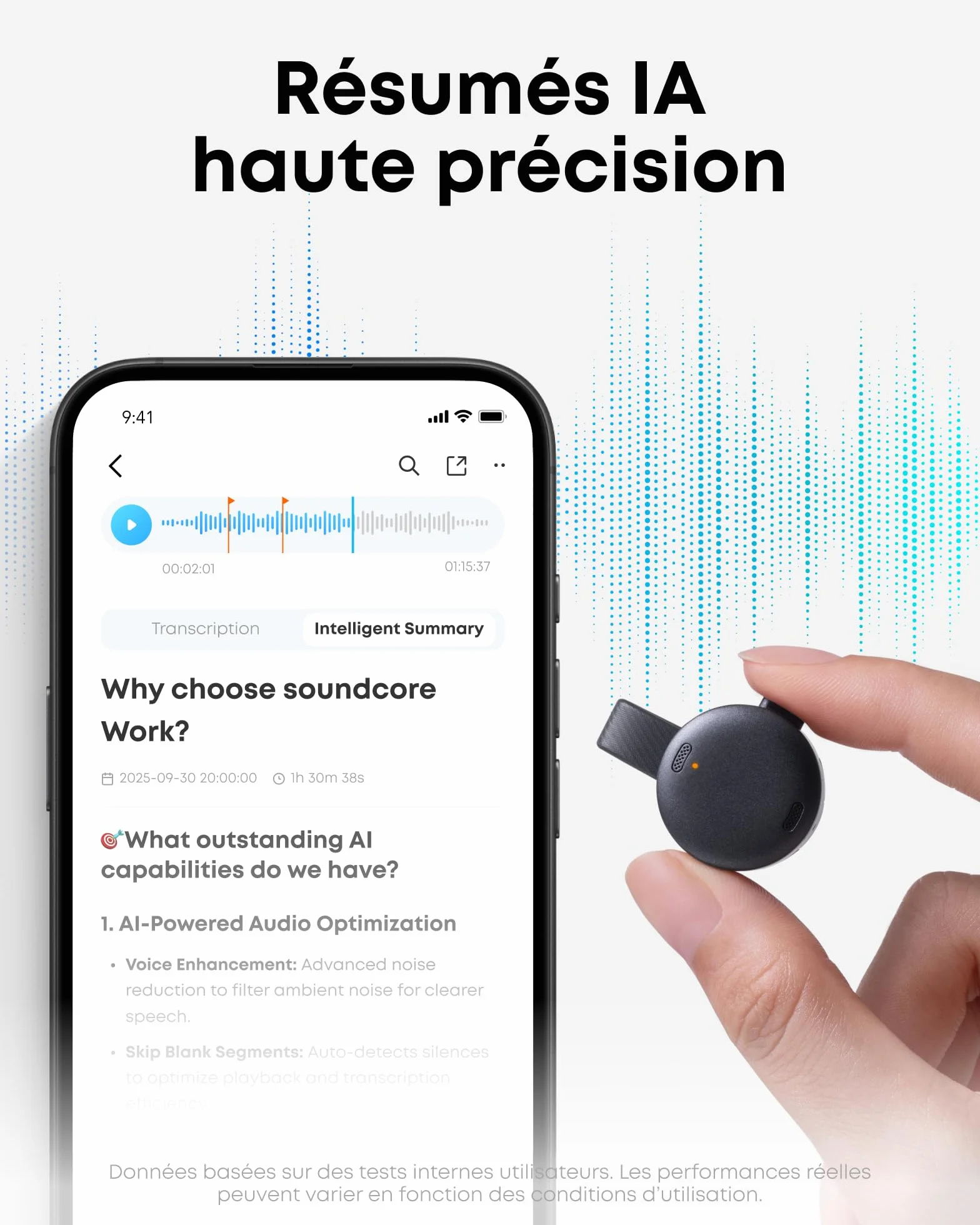 soundcore Work par Anker Enregistreur Vocal Portable IA avec Transcription et Résumés IA, Certifié MFi