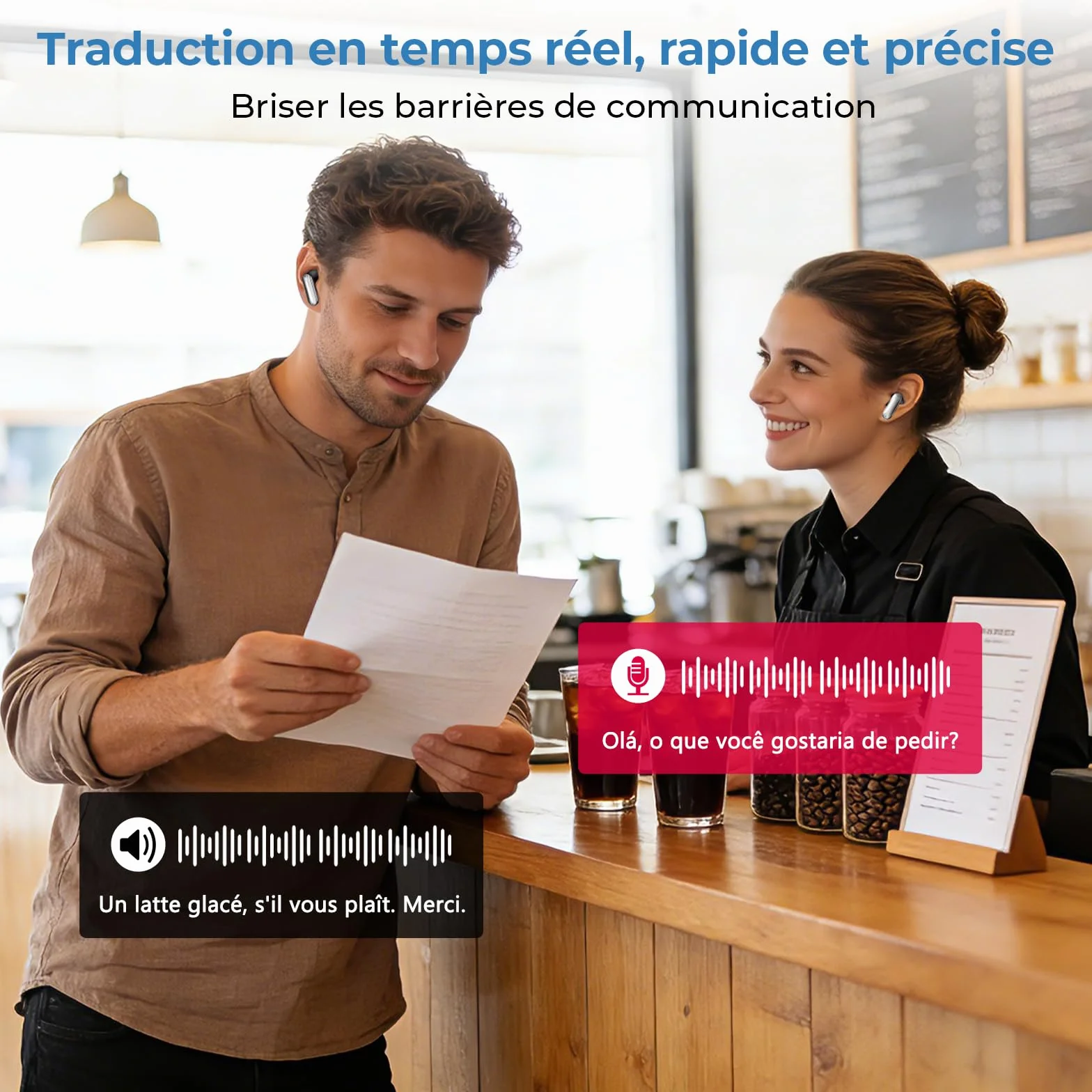 Écouteur Traducteur Instantané 165 Langues 11 Modes Bluetooth 6.0 48H Autonomie Écran Tactile LED