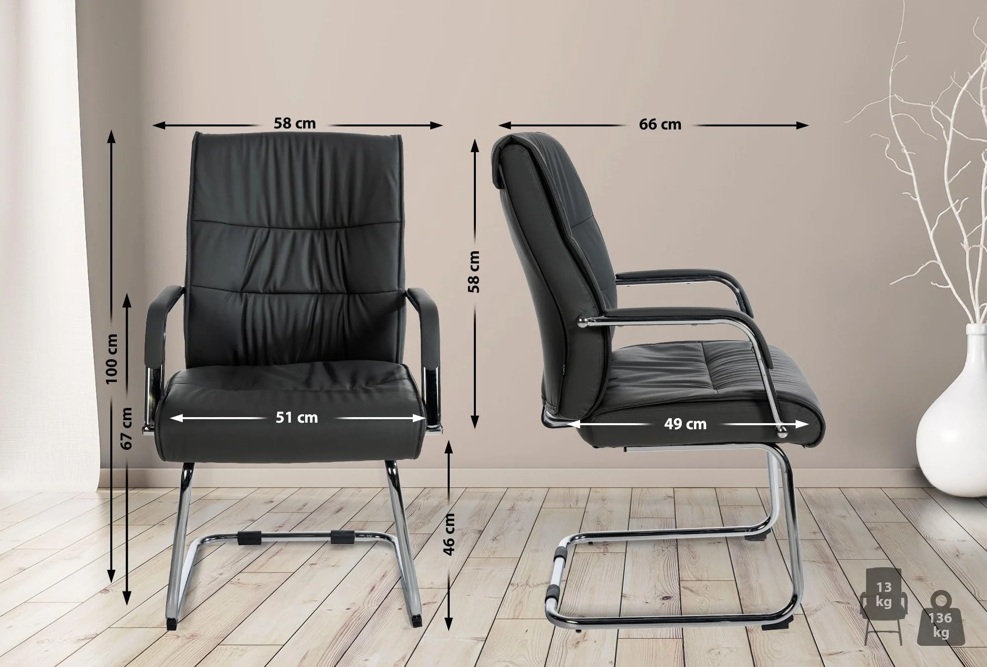 CLP Chaise Visiteur Sievert en Similicuir avec Accoudoirs | Fauteuil Luge sur Pičtement en Métal I Assise Et Dossier Rembourrés, Couleur:Noir