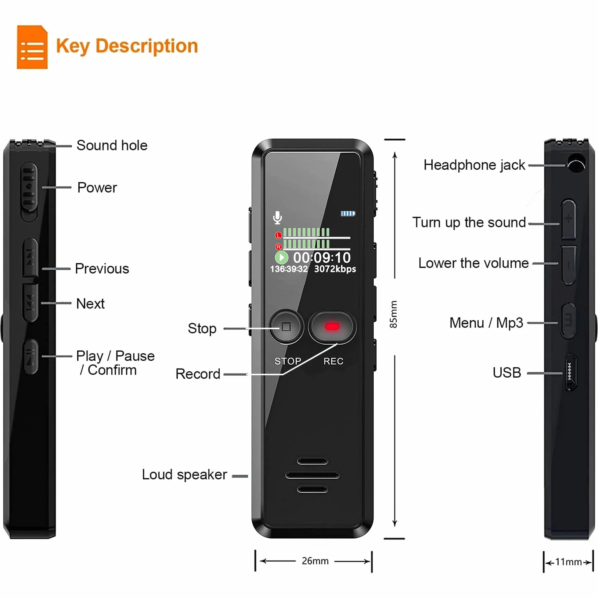Enregistreur Vocal Numérique 8G, Dictaphone Audio 1536Kbps HD Activation Vocale Lecteur MP3 USB