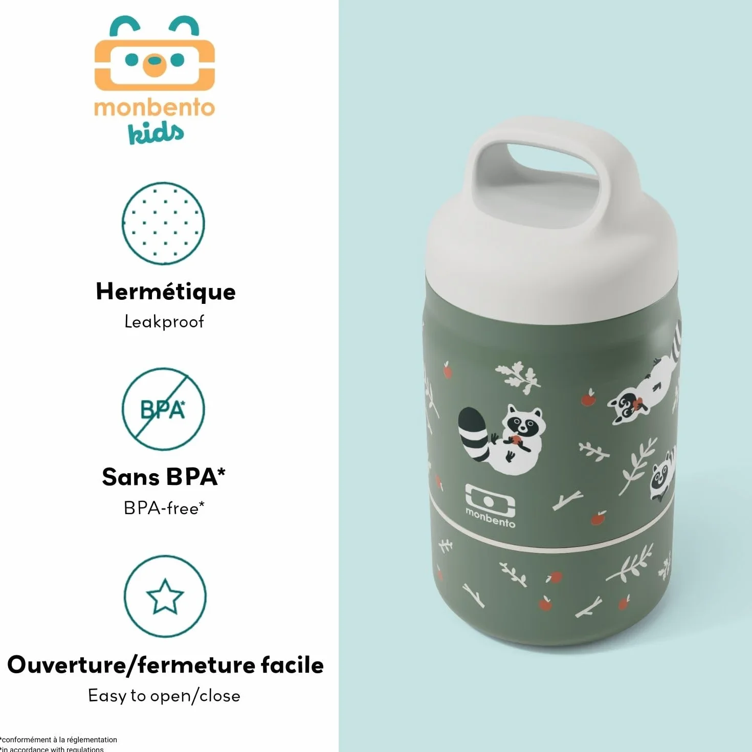 Monbento Lunch Box Enfant Isotherme Handy Vert Raccoon 500 ml 2 Étages Bento Inox 2-en-1 Garde au Chaud & Froid Sans BPA