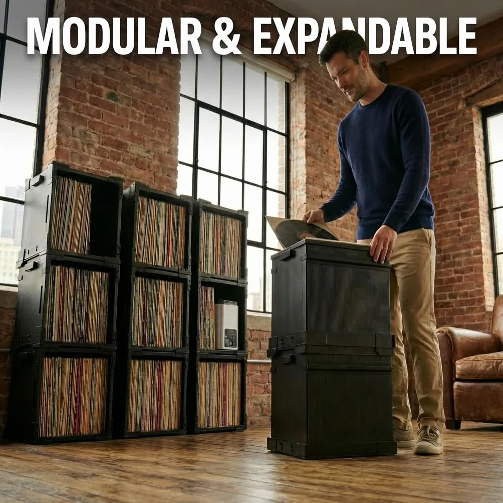 HumminGuru FlexiCube – Boîte de Rangement Empilable pour Disques Vinyles de 30,5 cm, Peut Contenir 70 Disques Vinyles | Étagère Modulaire en Vinyle et Caisse de Rangement Pliable (3 Cubes)