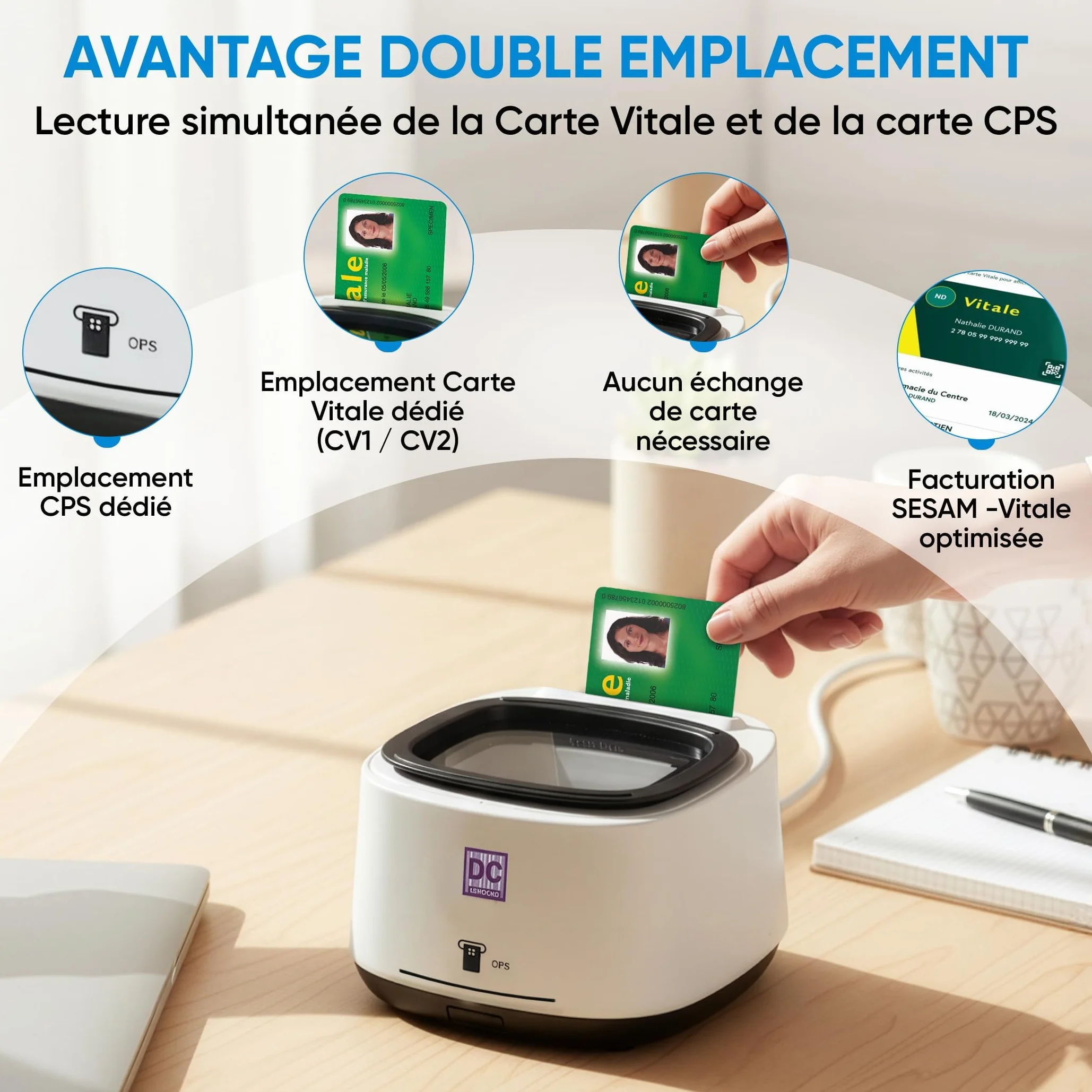 DC300 Pro Lecteur 4 en 1 QRCODE NFC 2 Fentes Carte Vitale et CPS Sesam Vitale USB Windows