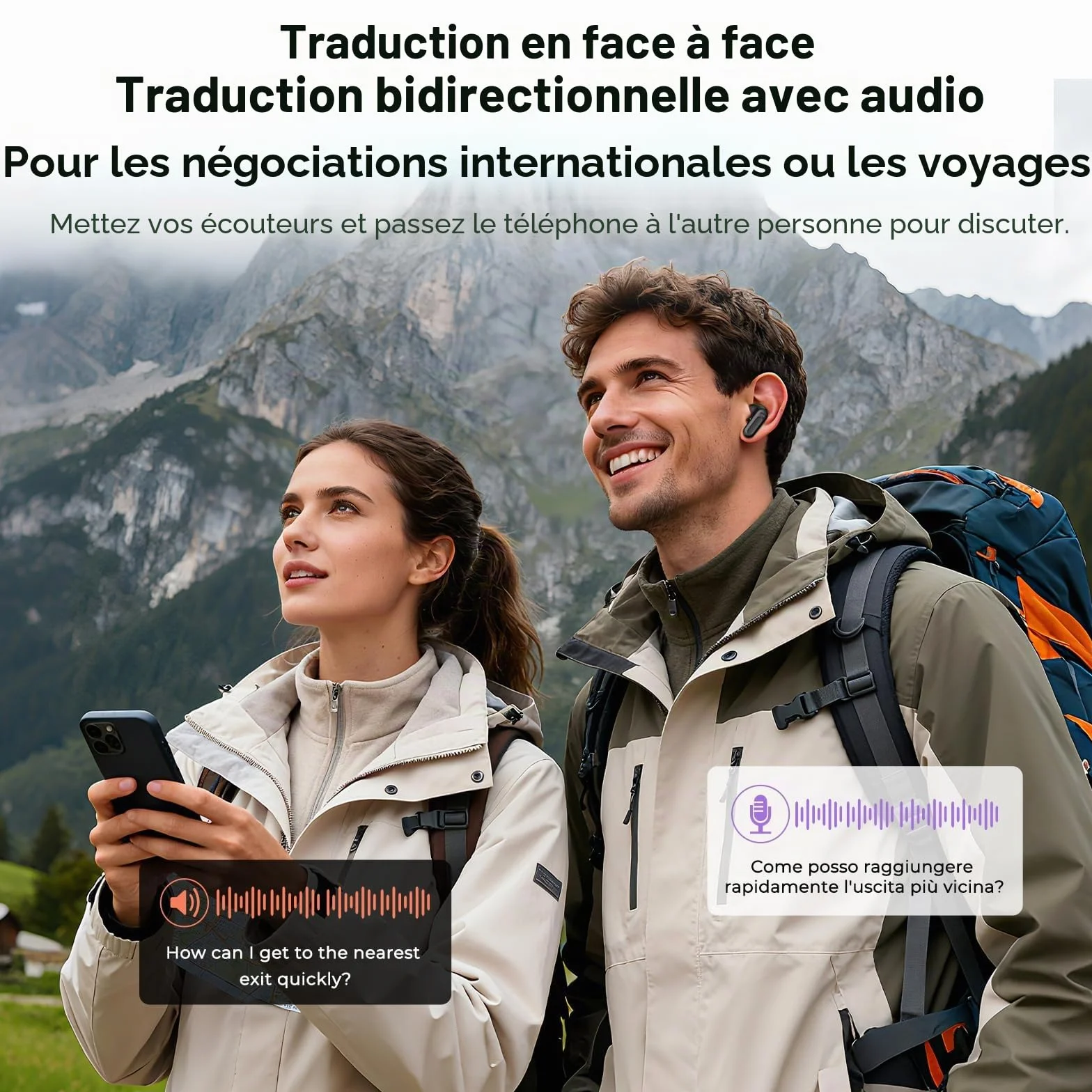 Traducteur Écouteur NE20 OWS Sans Fil 134 Langues IA Bluetooth 5.4 Écran LED Blanc
