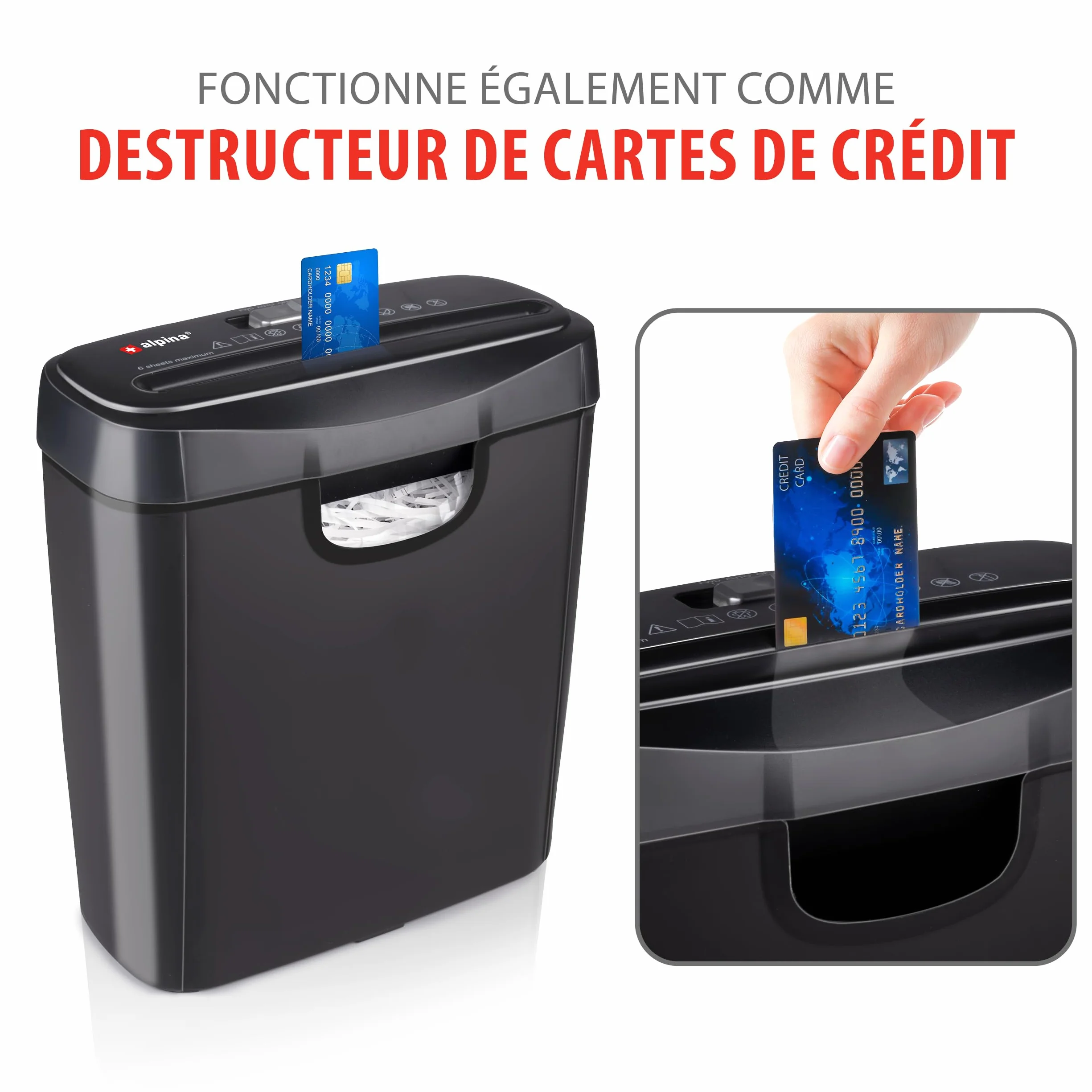 Alpina Destructeur de Documents Papier 6 Feuilles A4 Bac 10L 190W Noir