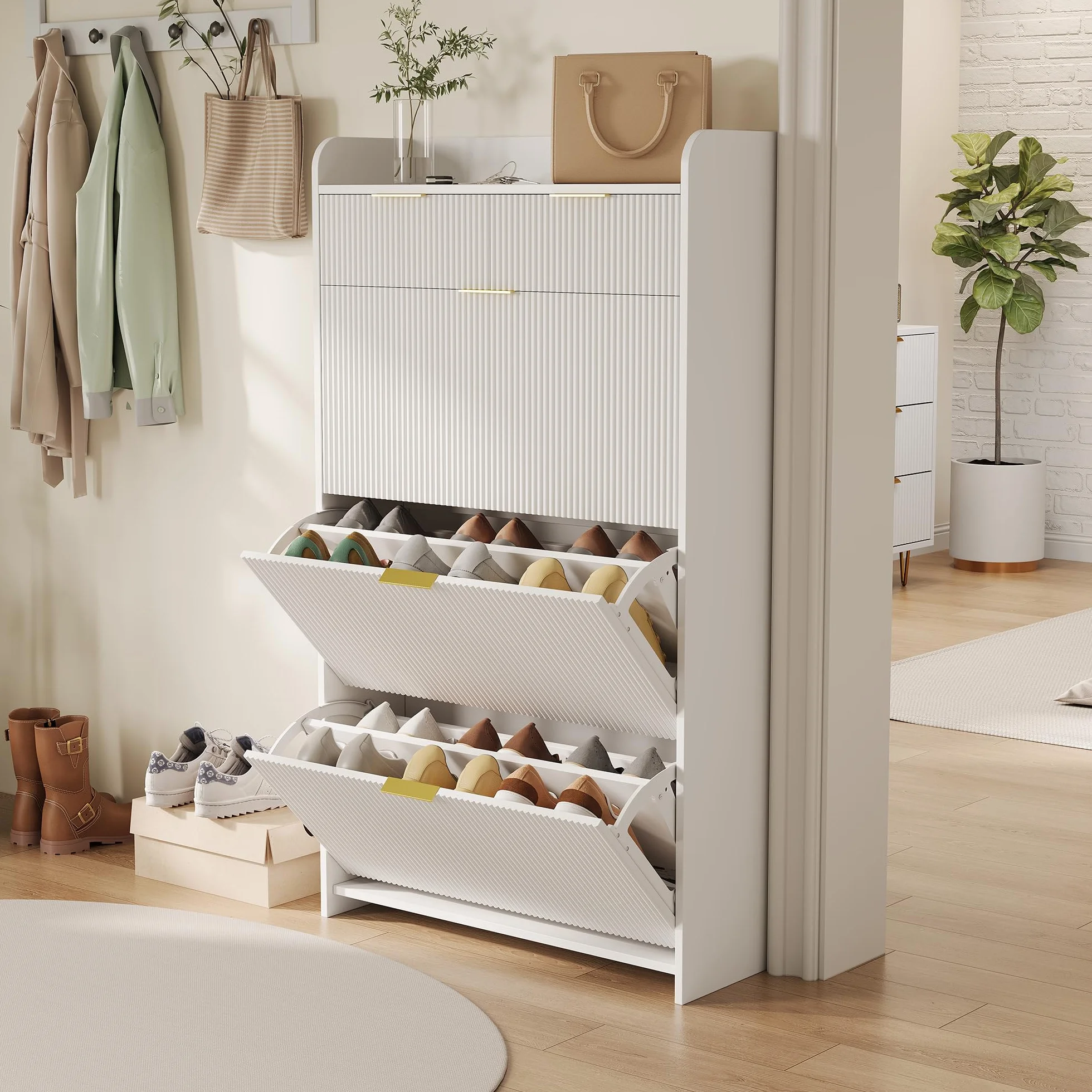 Armoire à Chaussures 15-20 Paires 3 Tiroirs Cloison Réglable 77x24x133.5 cm Blanc
