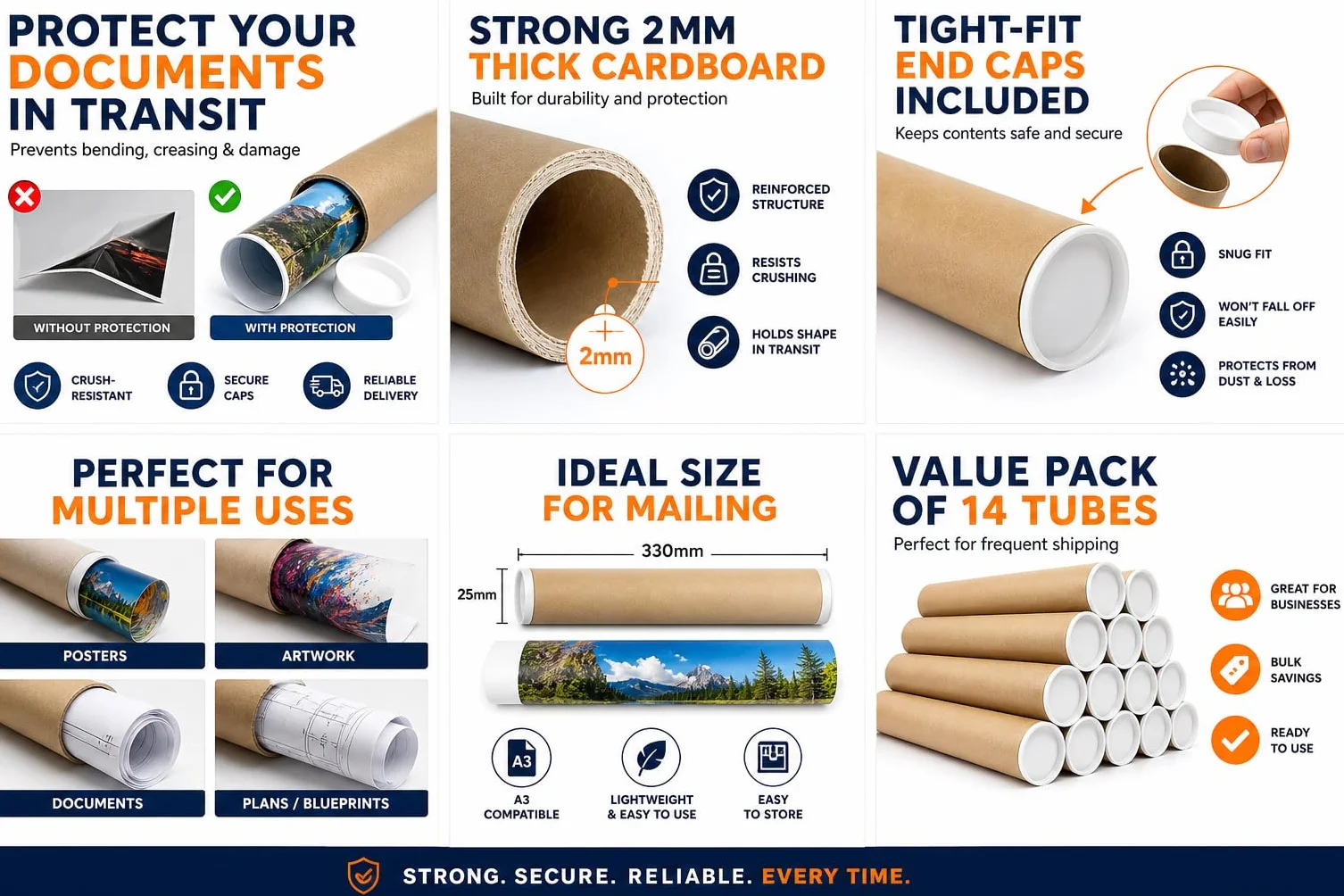ShieldUp Tubes Postaux en Carton Solide 25 mm x 330 mm Lot de 14