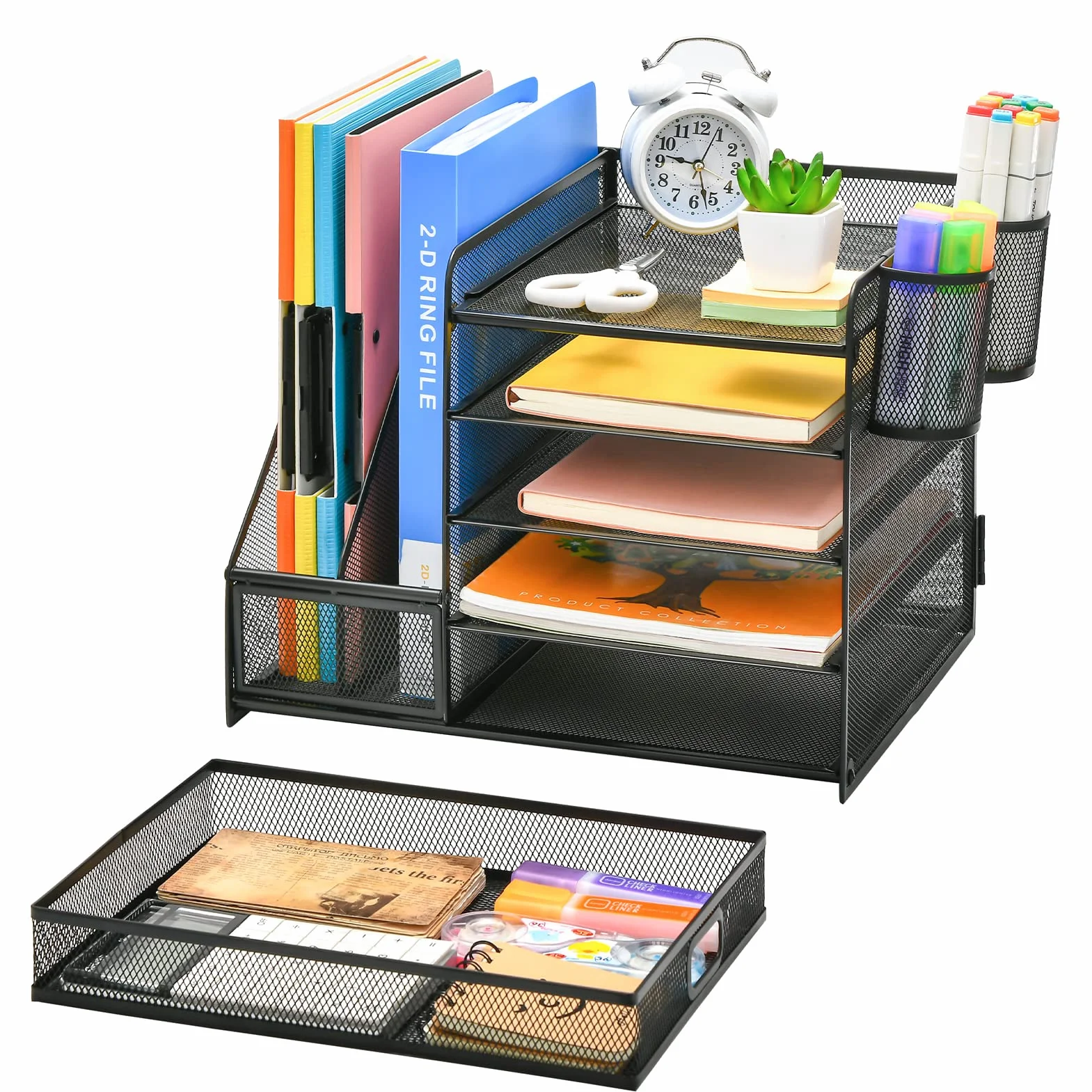 Marbrasse Organisateur de Bureau 5-Niveaux Porte-Lettres Rangement Maille Noir avec Tiroir Porte-Stylos