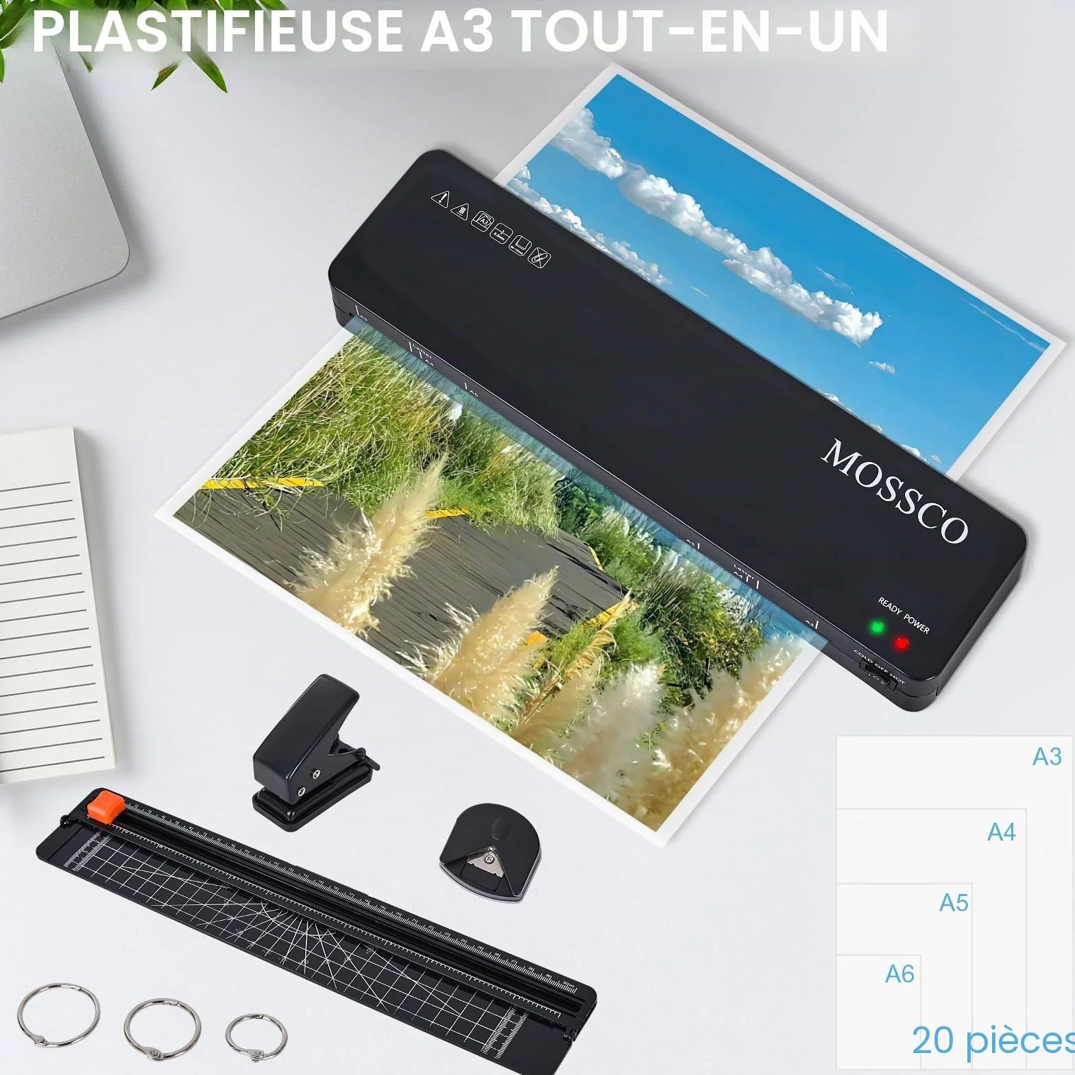 Plastifieuse A3 A4 A5 A6, lamineuse chaude et froide avec films de stratification, coupe-papier, perforateurs et anneaux de reliure pour bureau