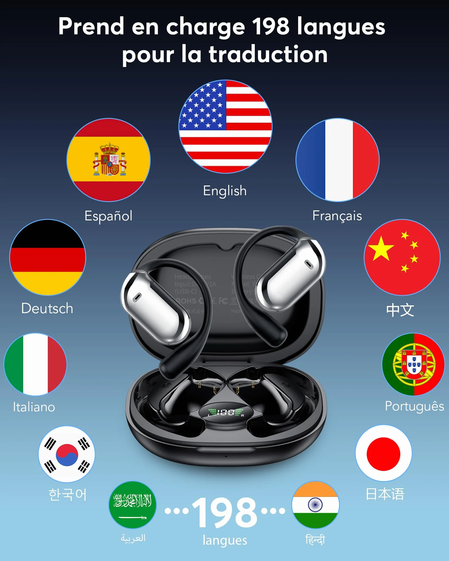 AI Ecouteur Traducteur Instantané Bluetooth 6.1, 3 en 1 198 Langues 8 Modes Traduction avec APP, 80H Oreillette Noir