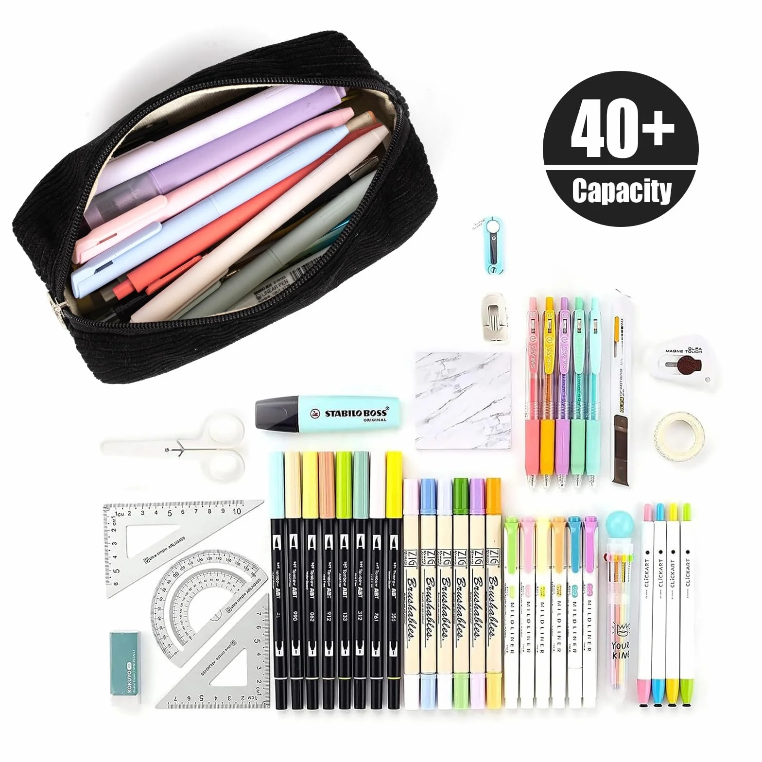 Zouwel Trousse Scolaire Kawaii Etui à Crayons Junior Velours Côtelé Noir