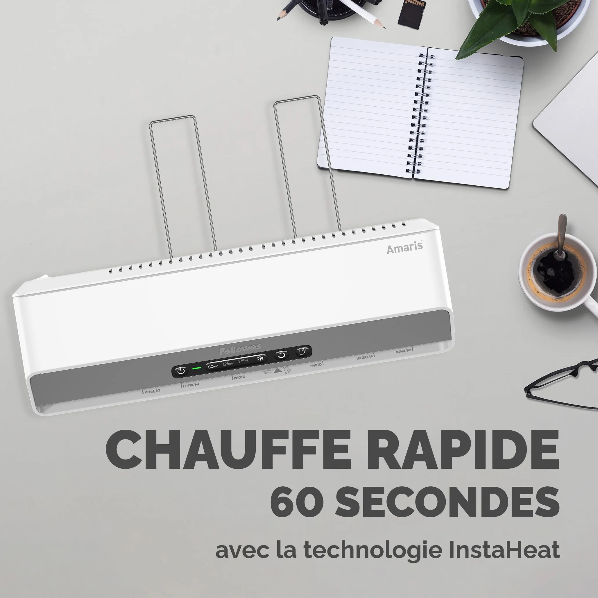 Fellowes Plastifieuse Amaris A3, Chauffe Rapide 1 Min, Arrêt Automatique, Mode Veille, InstaHeat, 80-175 Microns, 10 Pochettes A4