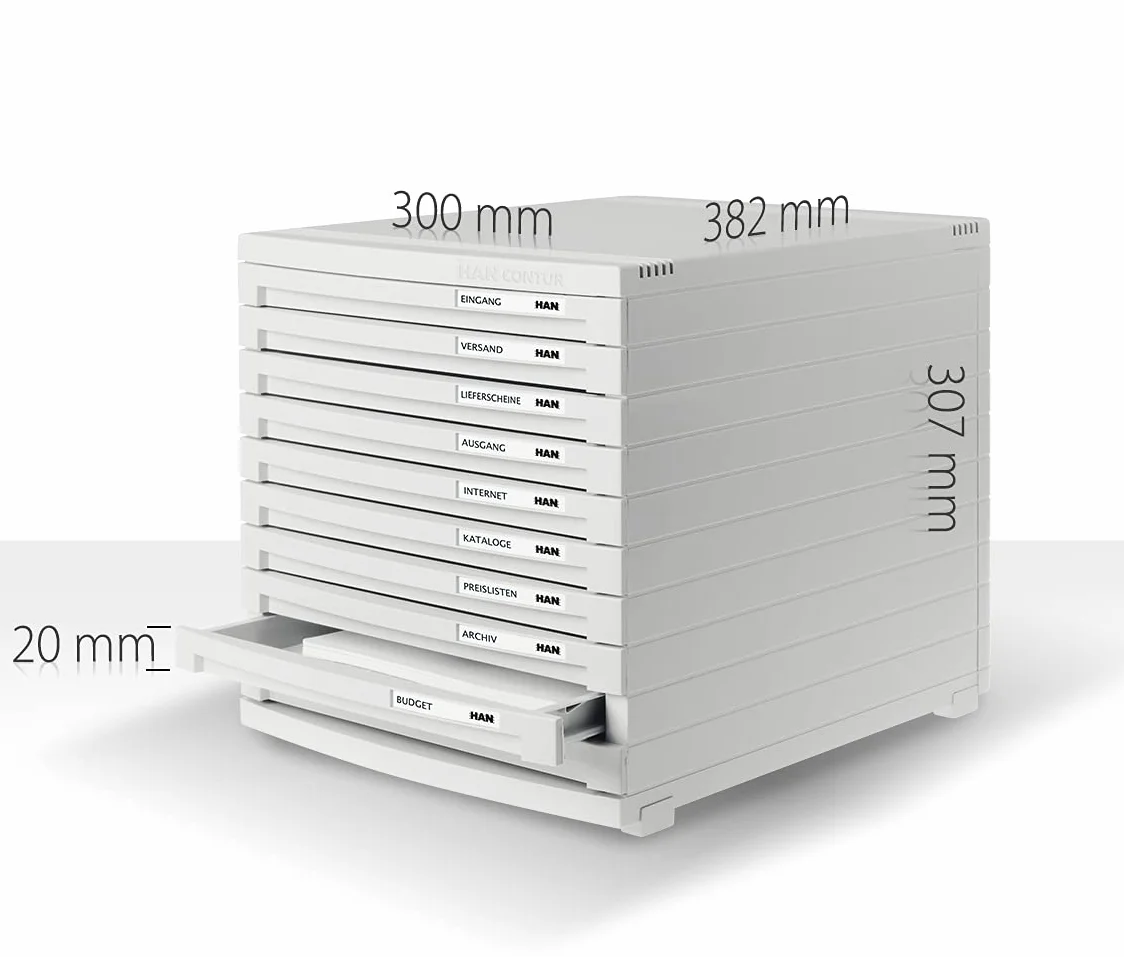 HAN Module à tiroirs CONTUR – système de classement moderne et modulaire, extensible, avec 10 tiroirs fermés pour documents jusqu´au format B4, noir, 1510-13