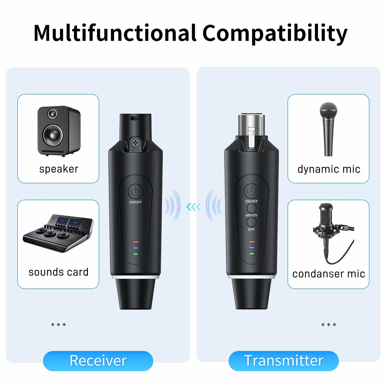 Microphone sans fil XLR 2,4 GHz émetteur récepteur 1 à 1 pour microphone dynamique et à condensateur 50-100 m