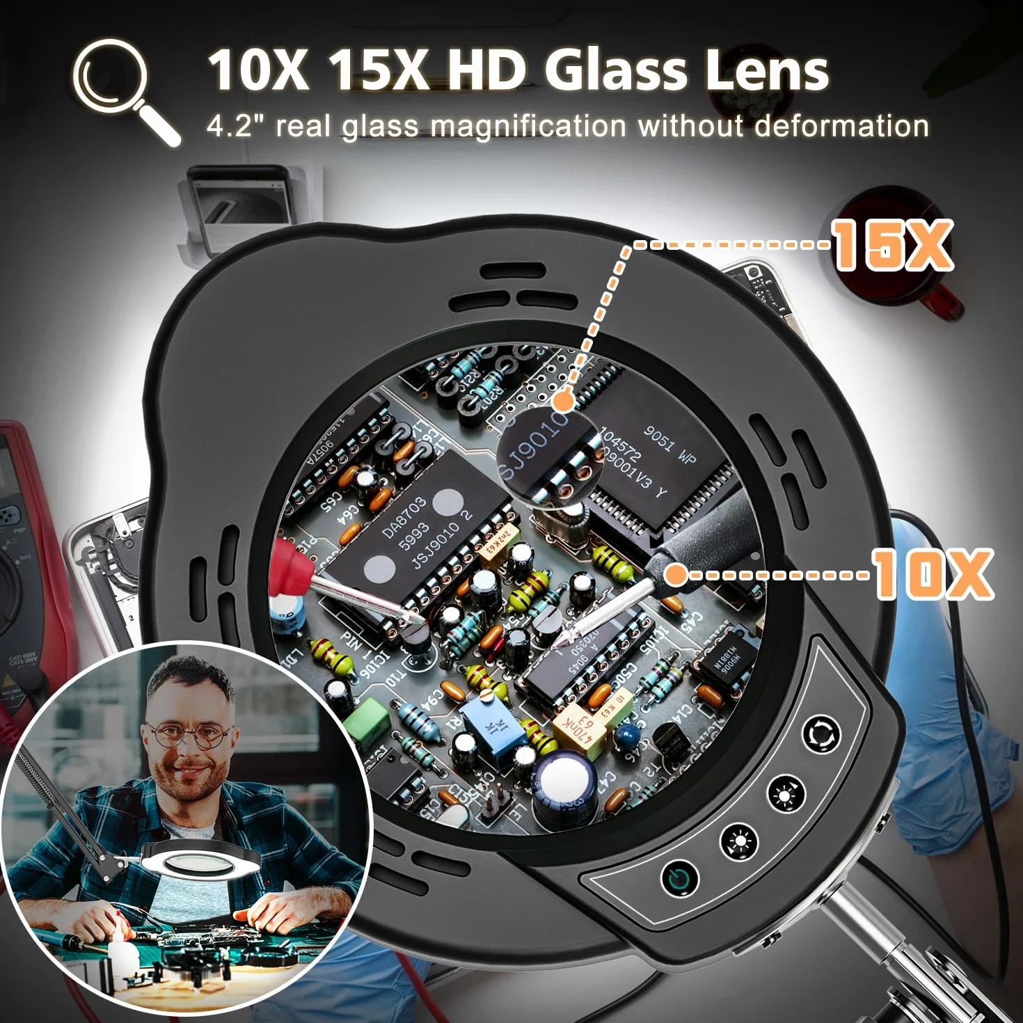 Lampe de Bureau Loupe 15X 10X LED avec Pince et Bras Pivotant, 5 Modes de Couleurs Réglables