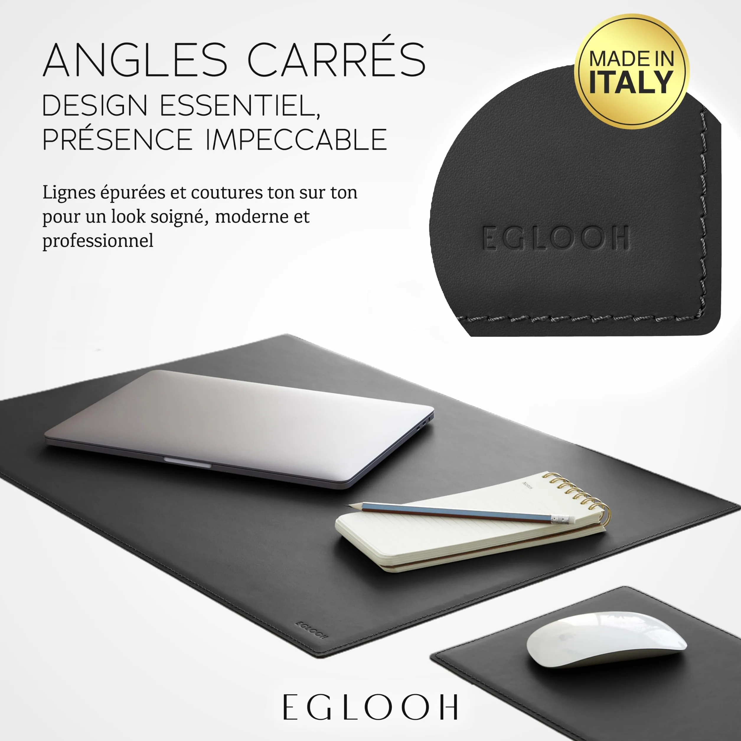 Eglooh Mercurio Sous main Bureau Cuir Noir 80x50 cm Coutures Artisanales Fond Antidérapant Made in Italy