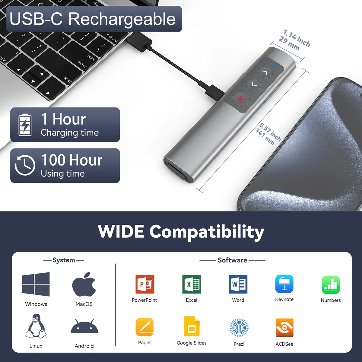 PowerPoint Pointeur de présentation sans fil 2,4 GHz USB-C Télécommande de présentation Pointeur de présentation pour Windows Mac Linux