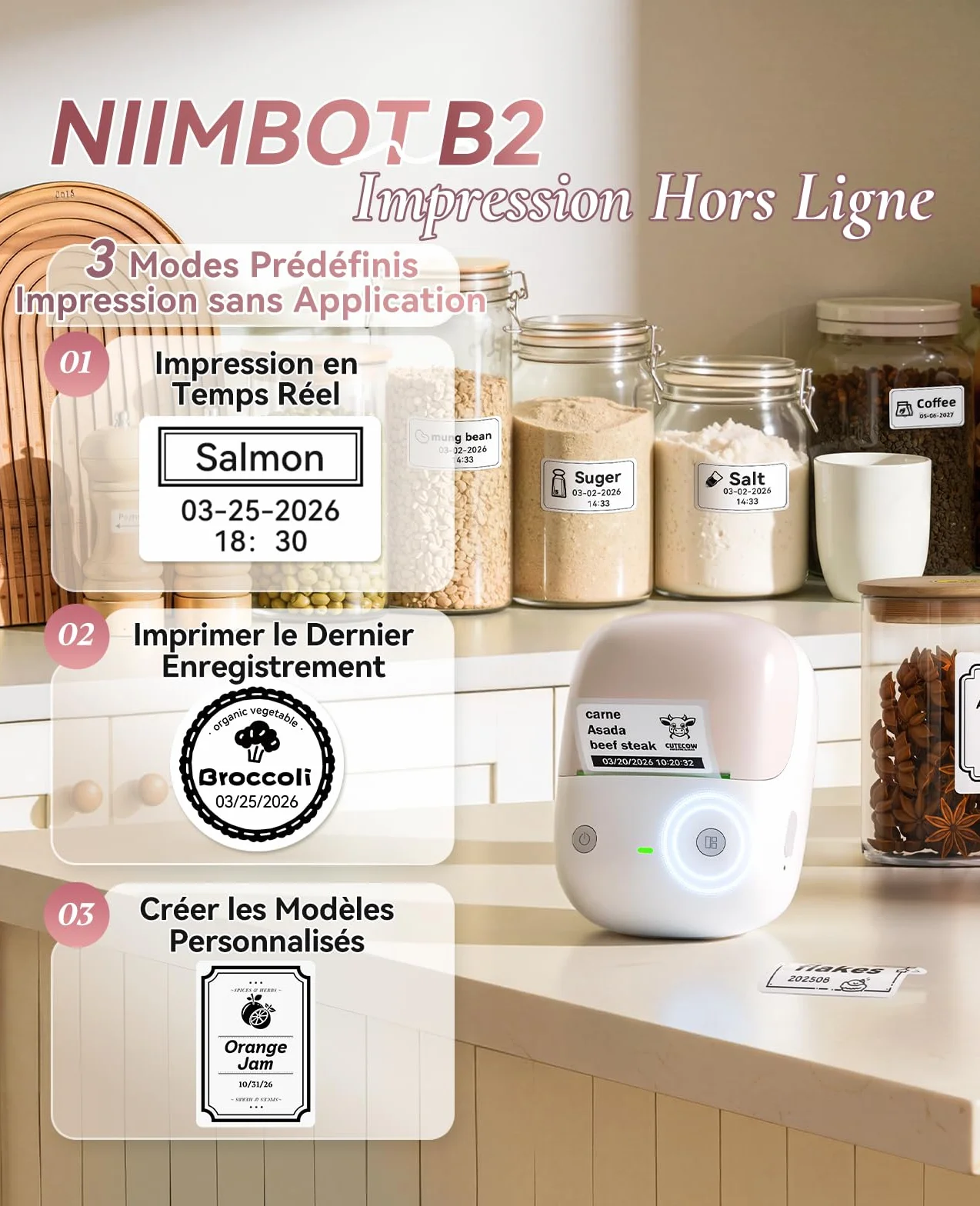NIIMBOT B2 Étiqueteuse Portable Thermique sans Encre, Impression Hors Ligne, 50x30mm, Beige Abricot